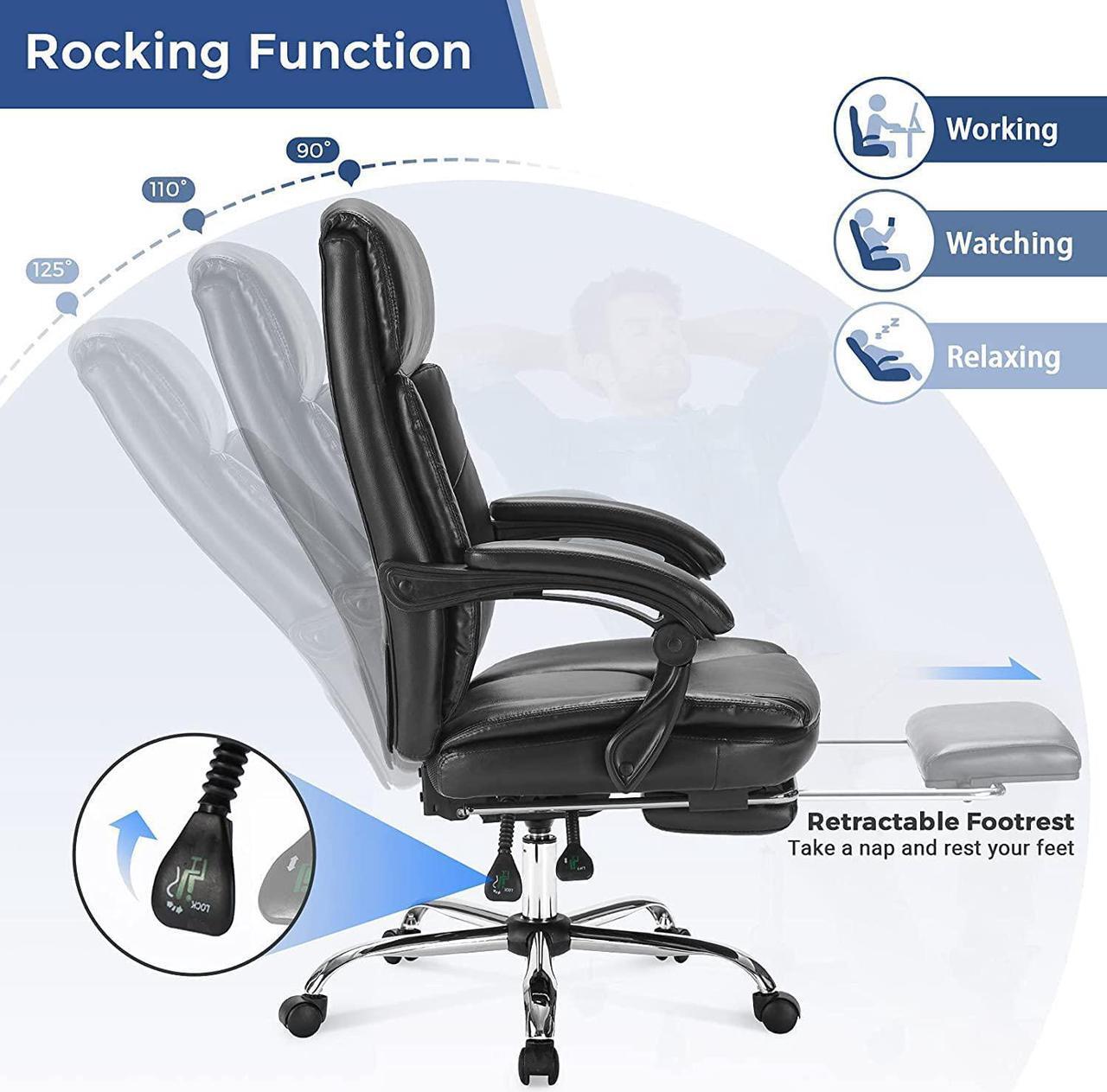 Alt view image 4 of 7 - Executive Office Chair, Ergonomic Big and Tall Leather Swivel Rolling Managerial Reclining Computer Desk Task Chair, Adjustable High Back Recliner Chair with Padded Armrests and Retractable Footrest