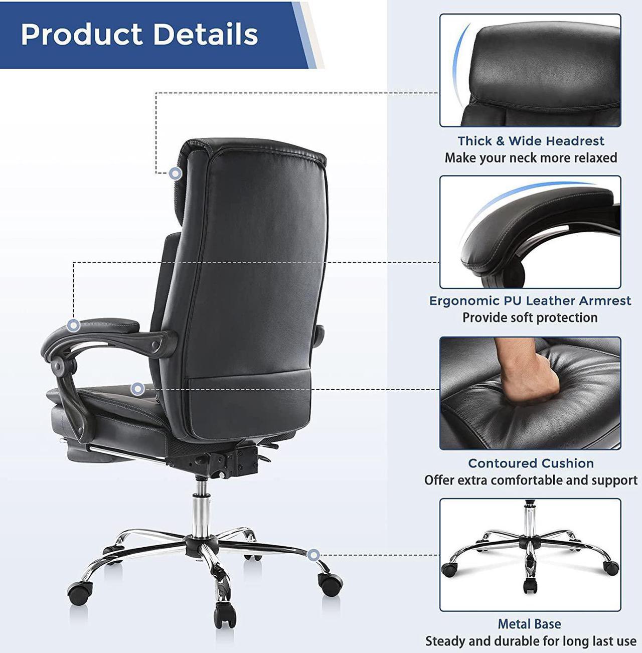 Alt view image 7 of 7 - Executive Office Chair, Ergonomic Big and Tall Leather Swivel Rolling Managerial Reclining Computer Desk Task Chair, Adjustable High Back Recliner Chair with Padded Armrests and Retractable Footrest