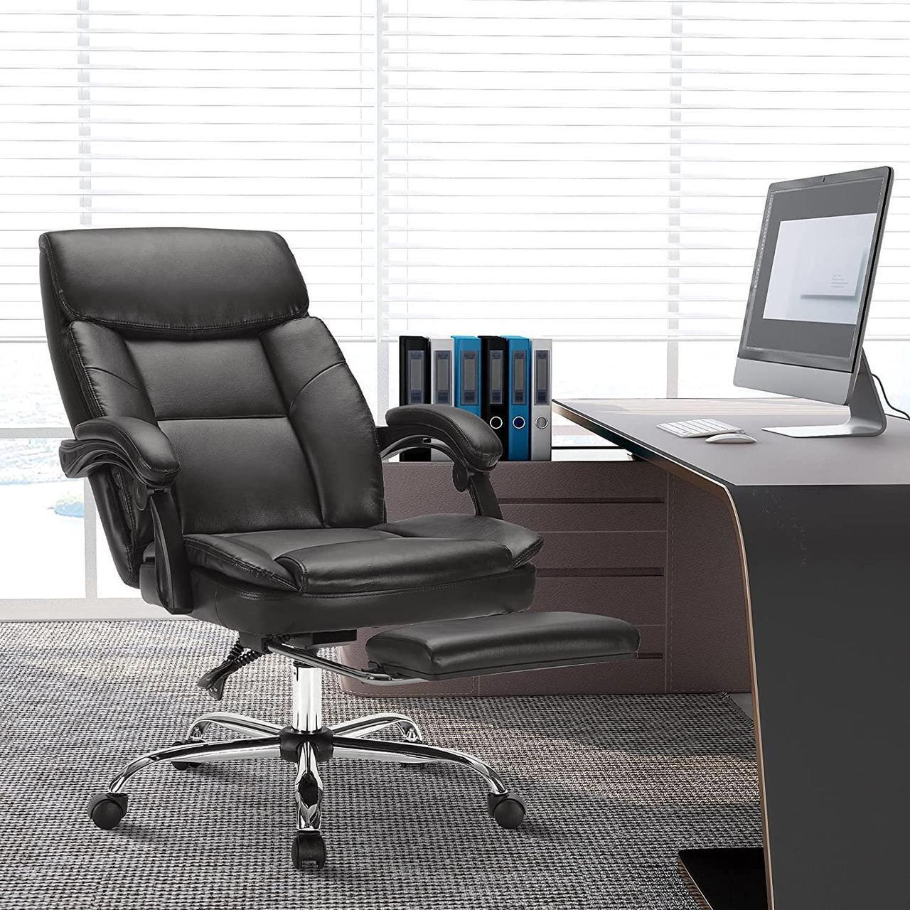 Alt view image 2 of 7 - Executive Office Chair, Ergonomic Big and Tall Leather Swivel Rolling Managerial Reclining Computer Desk Task Chair, Adjustable High Back Recliner Chair with Padded Armrests and Retractable Footrest