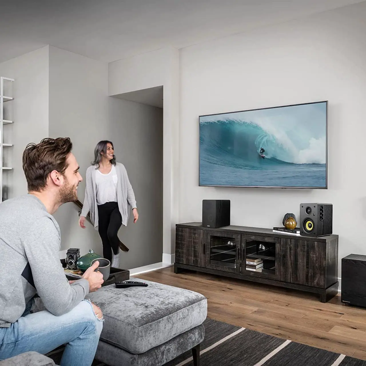 Alt view image 6 of 7 - SW206 80W Active Dual-Mode Bookshelf Speakers, 4inch Studio Monitor and HiFi Mode, Optical Coaxial TRS Aux Bluetooth 5.0 USB with 24bit DAC, for Home Music System Turntable TV PC Desktop, Black
