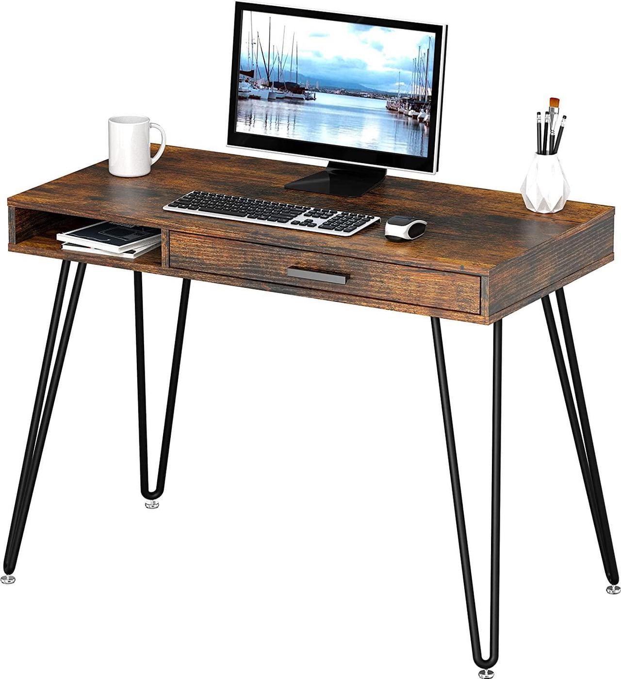 SHW Home Office Computer Hairpin Leg Desk with Drawer, Rustic Brown