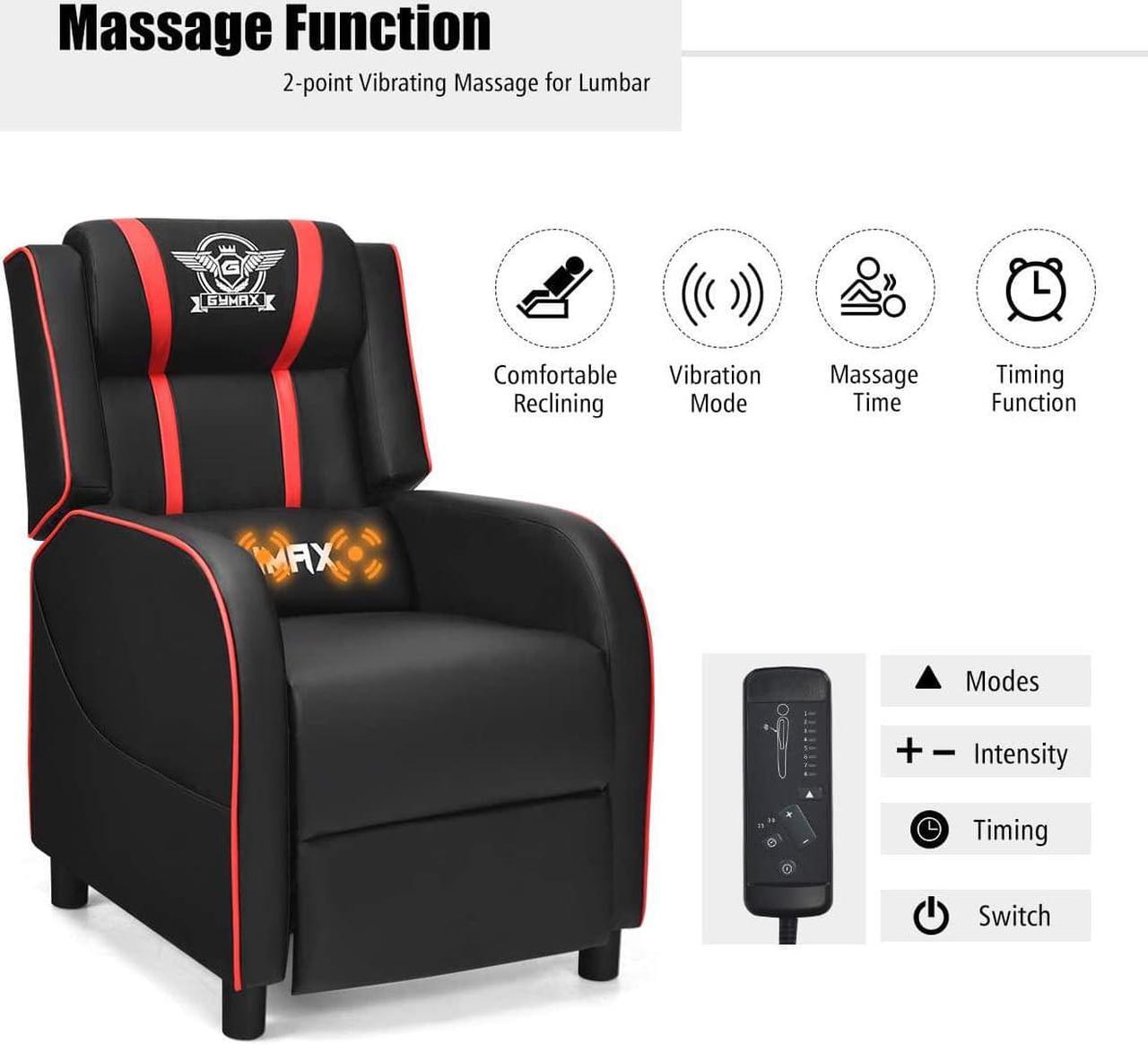Alt view image 5 of 7 - GYMAX Gaming Recliner, Massage Gaming Chair with Adjustable Backrest Footrest, Remote Control & Side Pocket, Ergonomic Game Lounge Chair, Racing Style Single Theater Seat Game Sofa for Adults (Red)