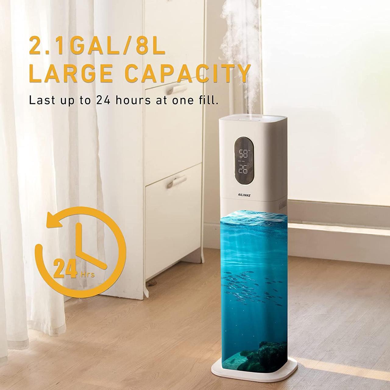 Alt view image 3 of 6 - Humidifiers for Bedroom Large Room, AILINKE 2.1Gal/8L Humidifiers for Home Large Ultrasonic Top Fill Humidifier with 3 Speed Humidistat for Baby Kids Adults Yoga Sleep