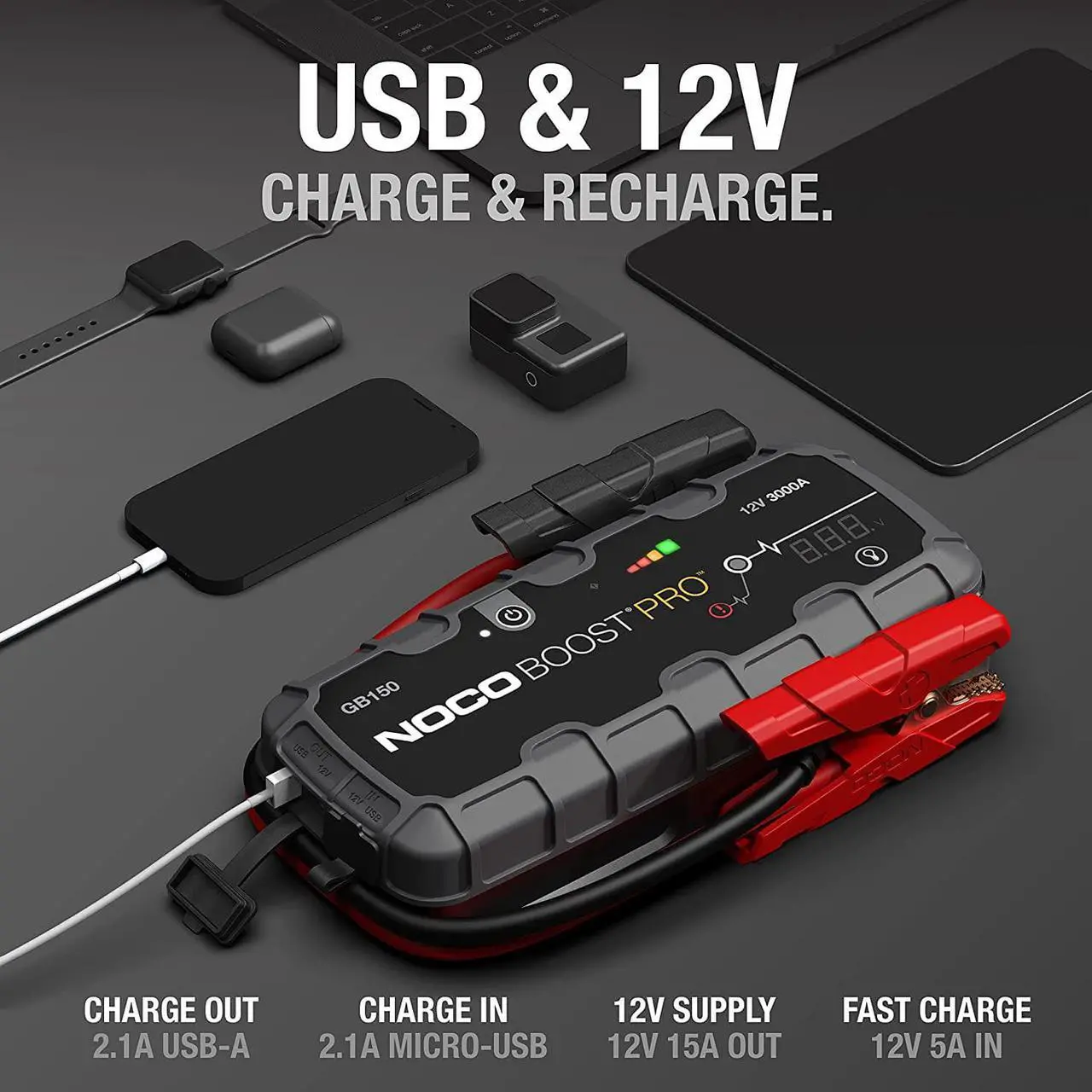 Alt view image 4 of 7 - NOCO Boost Pro GB150 3000A UltraSafe Car Battery Jump Starter, 12V Jump Starter Battery Pack, Battery Booster, Jump Box, Portable Charger and Jumper Cables for 9.0L Gasoline and 7.0L Diesel Engines