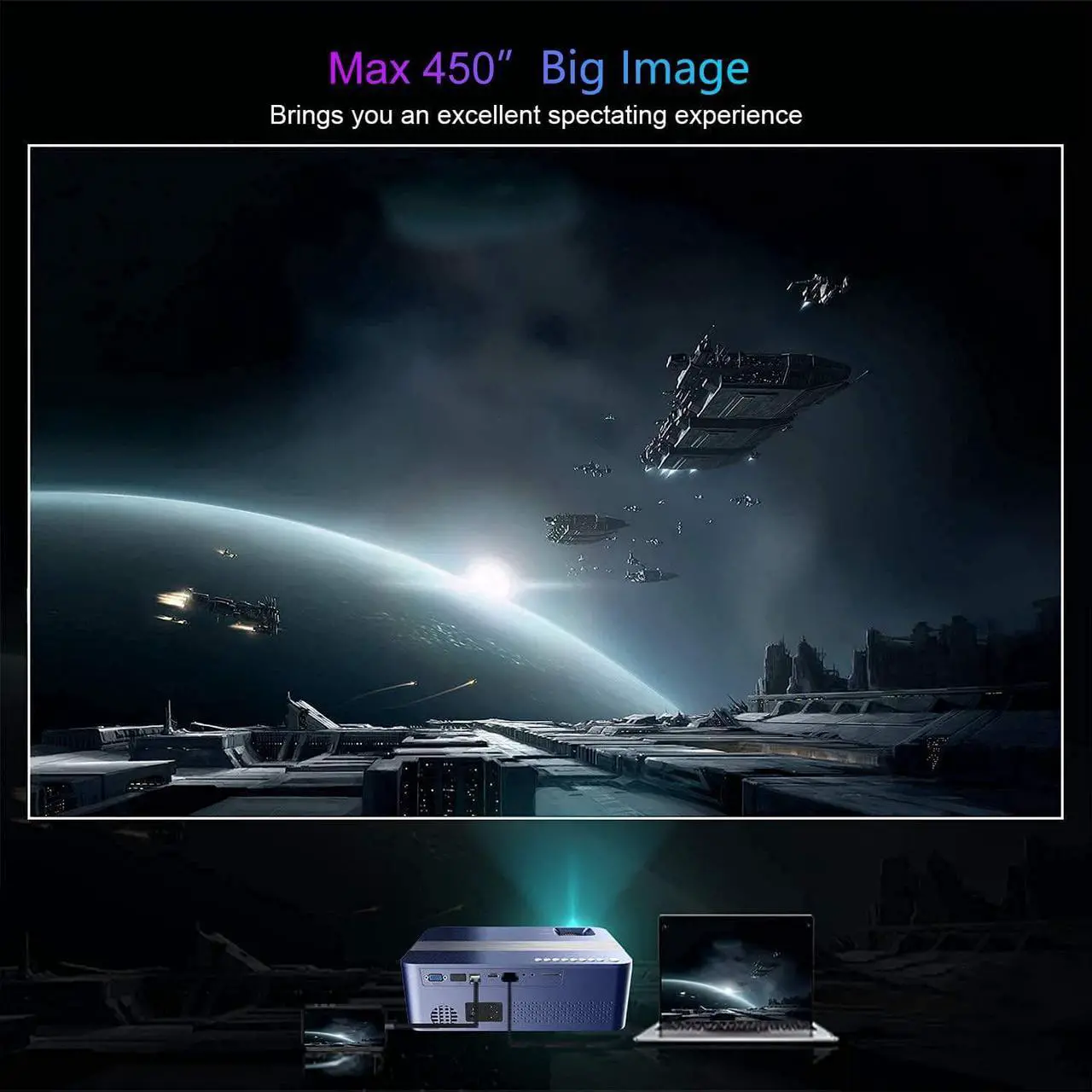 Alt view image 6 of 7 - HD 1080P Projector 4k with WiFi and Bluetooth,XNoogo 1000 ANSI Outdoor Projector, 450" Display 4k Movie Projector Support 50%Zoom,Keystone,Bluetooth Projectors Compatible w/TV Stick/Phone/PC/Laptop