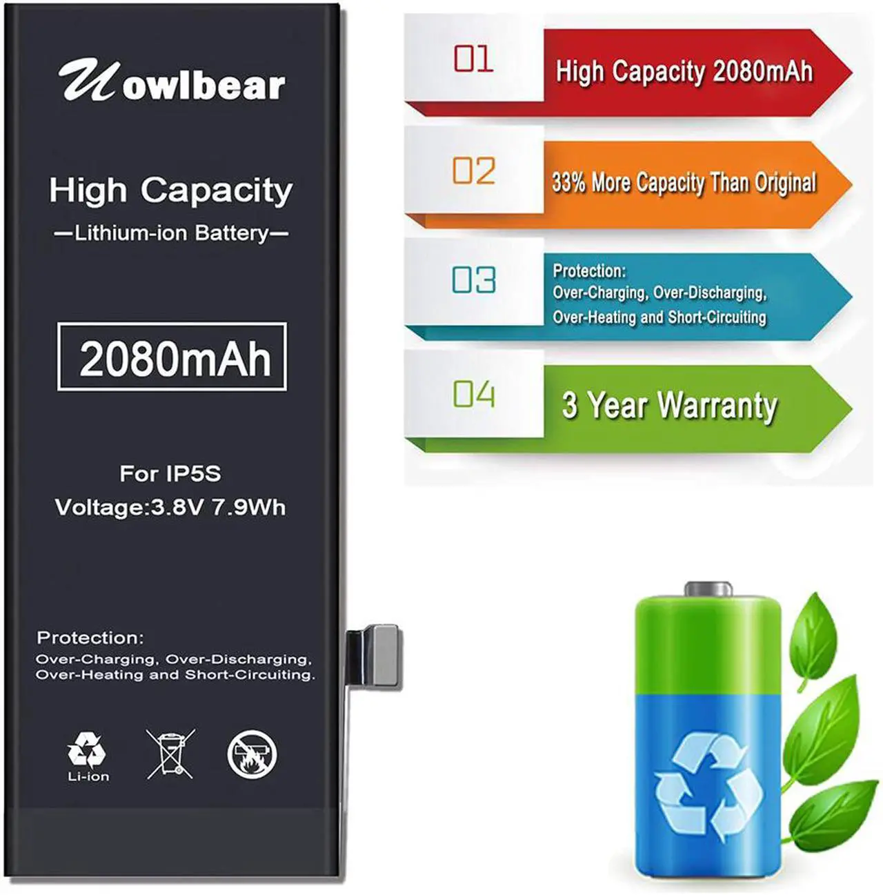Alt view image 5 of 7 - uowlbear 2080mAh Battery for iPhone 5s A1453 A1457 A1518 A1528 A1530 A1533 and iPhone 5c A1456 A1507 A1516 A1529 A1532 with Complete Replacement Kits 0 Cycle -High Capacity