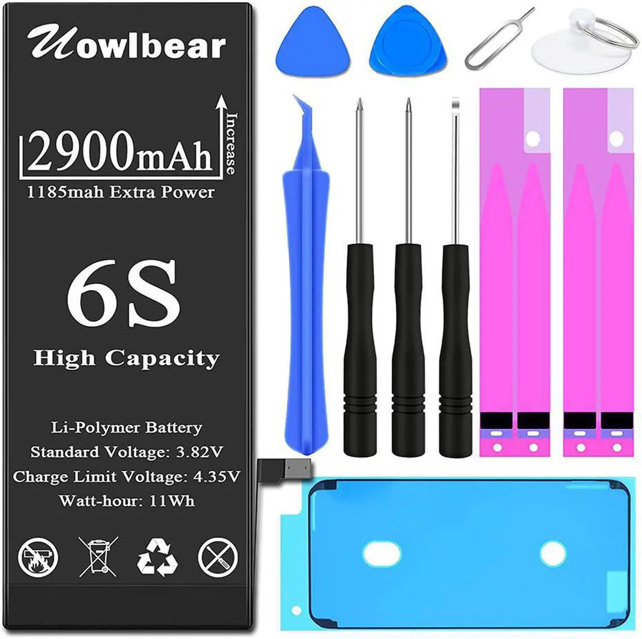 Main image of 2900mAh Battery for iPhone 6s, uowlbear Replacement Battery for A1688 A1633 A1700 with Complete Replacement Kits, 2 Set Adhesive Strips and Seals -0 Cycle High Capacity