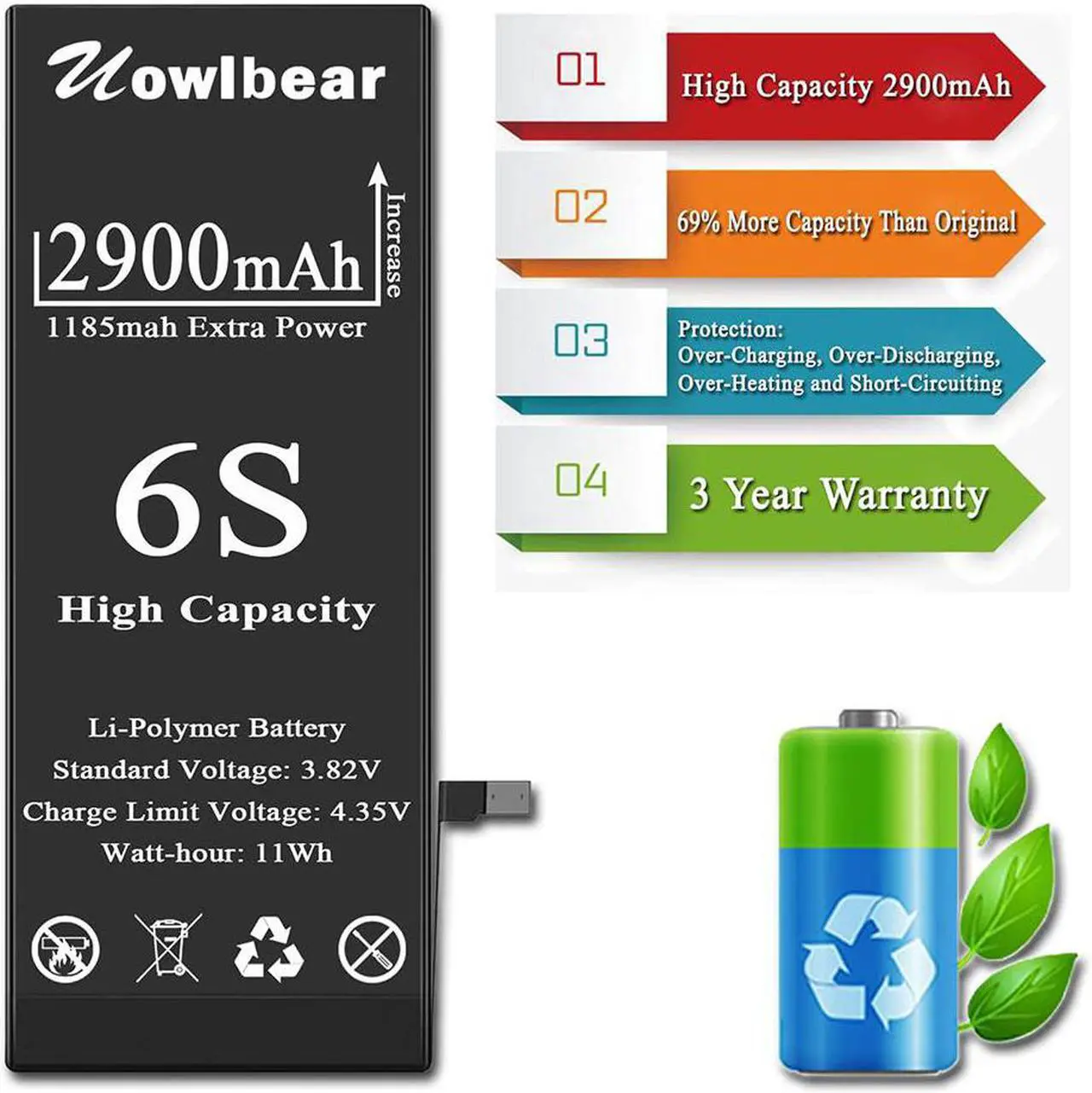 Alt view image 4 of 7 - 2900mAh Battery for iPhone 6s, uowlbear Replacement Battery for A1688 A1633 A1700 with Complete Replacement Kits, 2 Set Adhesive Strips and Seals -0 Cycle High Capacity