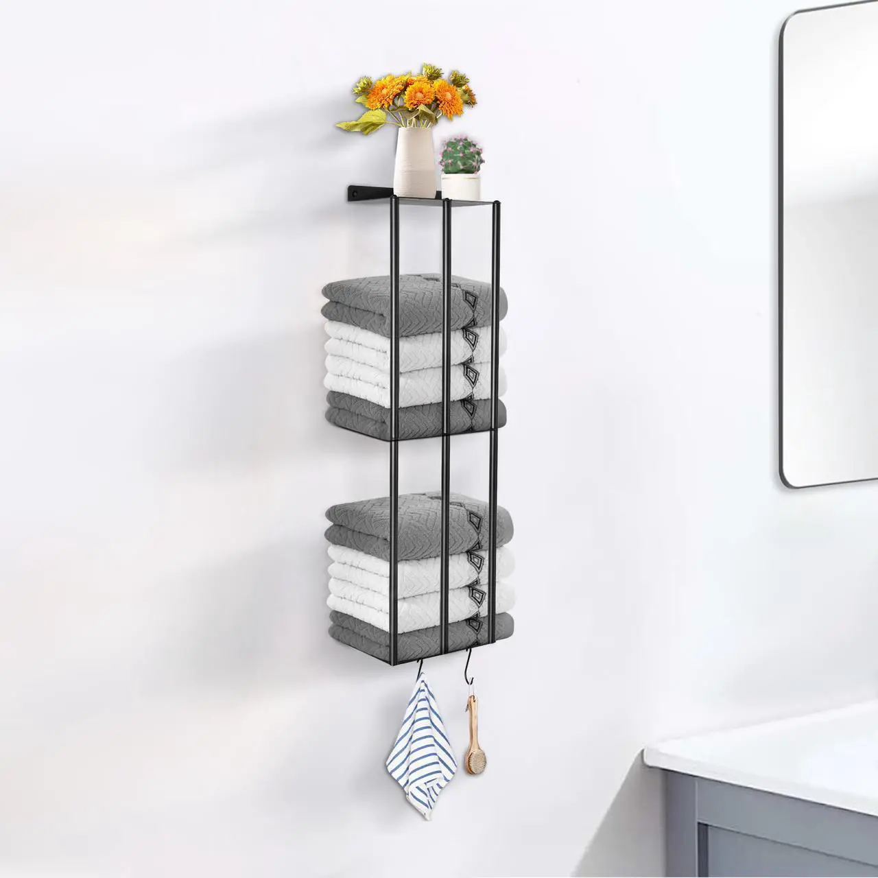 Towel Racks for Bathroom, Metal Towel Holder for Bathroom Wall, Wall Mounted Towel Holder Towels Organizer with 3 Metal Shelves and 4 Hooks, Black