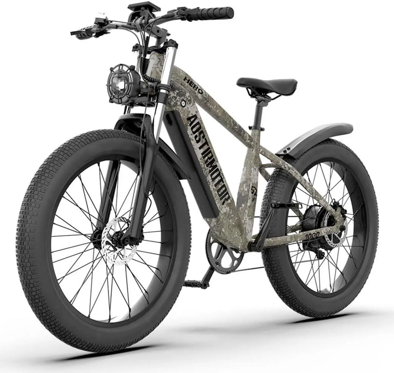 Main image of AOSTIRMOTOR HERO Electric Bike for Adult 1000W, 26Inch Fat Tire, 52V20AH Removable Battery, LED Headlight, Suspension Fork, Shimano 7 Speed Gears, Max Capacity 300LBS(Camouflage)