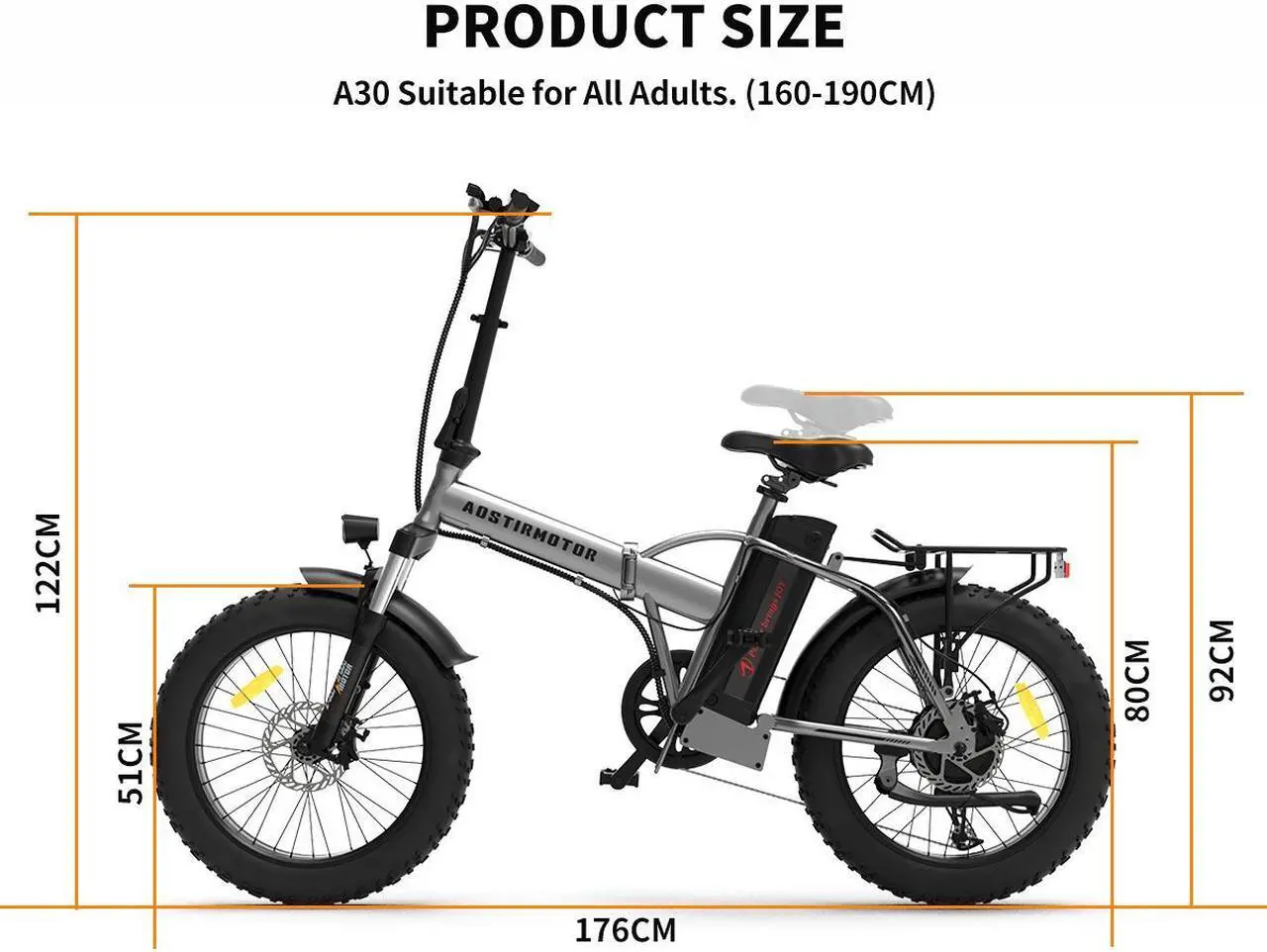 Alt view image 7 of 7 - AOSTIRMOTOR A30 750W Electric Bike, 20" Fat Tire, 48V 13AH Removable Lithium Battery, Max Speed 28MPH, Shimano 7-Speed, Front Fork Suspension