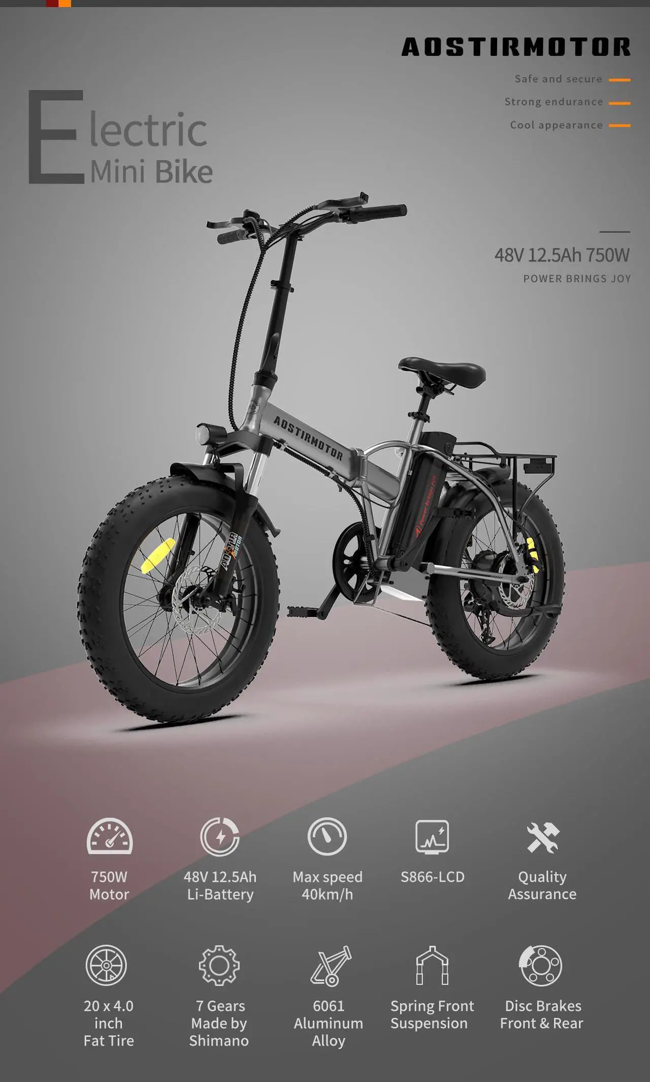 Alt view image 2 of 7 - AOSTIRMOTOR A30 750W Electric Bike, 20" Fat Tire, 48V 13AH Removable Lithium Battery, Max Speed 28MPH, Shimano 7-Speed, Front Fork Suspension