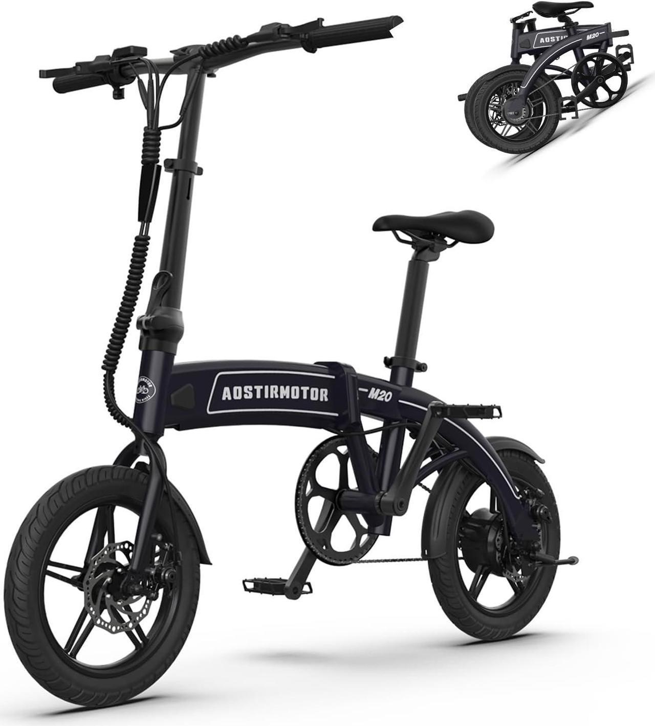 AOSTIRMOTOR electric bike M20 with 350W Motor Folding Electric Bike for Adults , 14" * 1.95" Fat Tire, with 36V 7.5AH Removable Lithium Battery, Travel Up to 16 Miles, Max Speed Up to 20 MPH(Black)