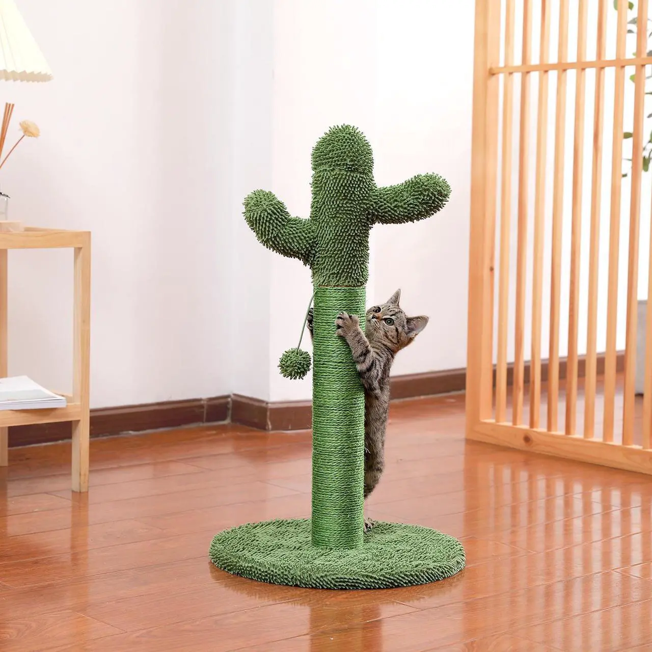 Alt view image 6 of 7 - Cactus Cat Scratching Post with Natural Sisal Ropes, Interactive Ball, Cat Scratcher for Cats and Kittens Green