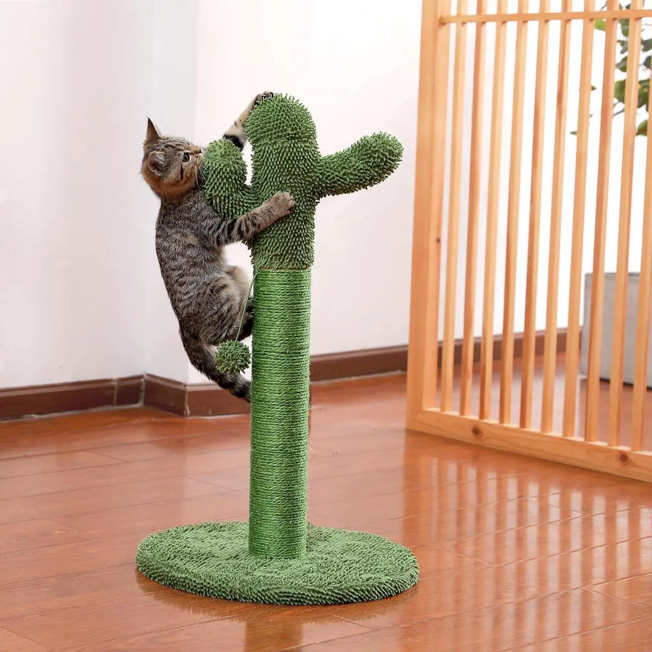 Main image of Cactus Cat Scratching Post with Natural Sisal Ropes, Interactive Ball, Cat Scratcher for Cats and Kittens Green
