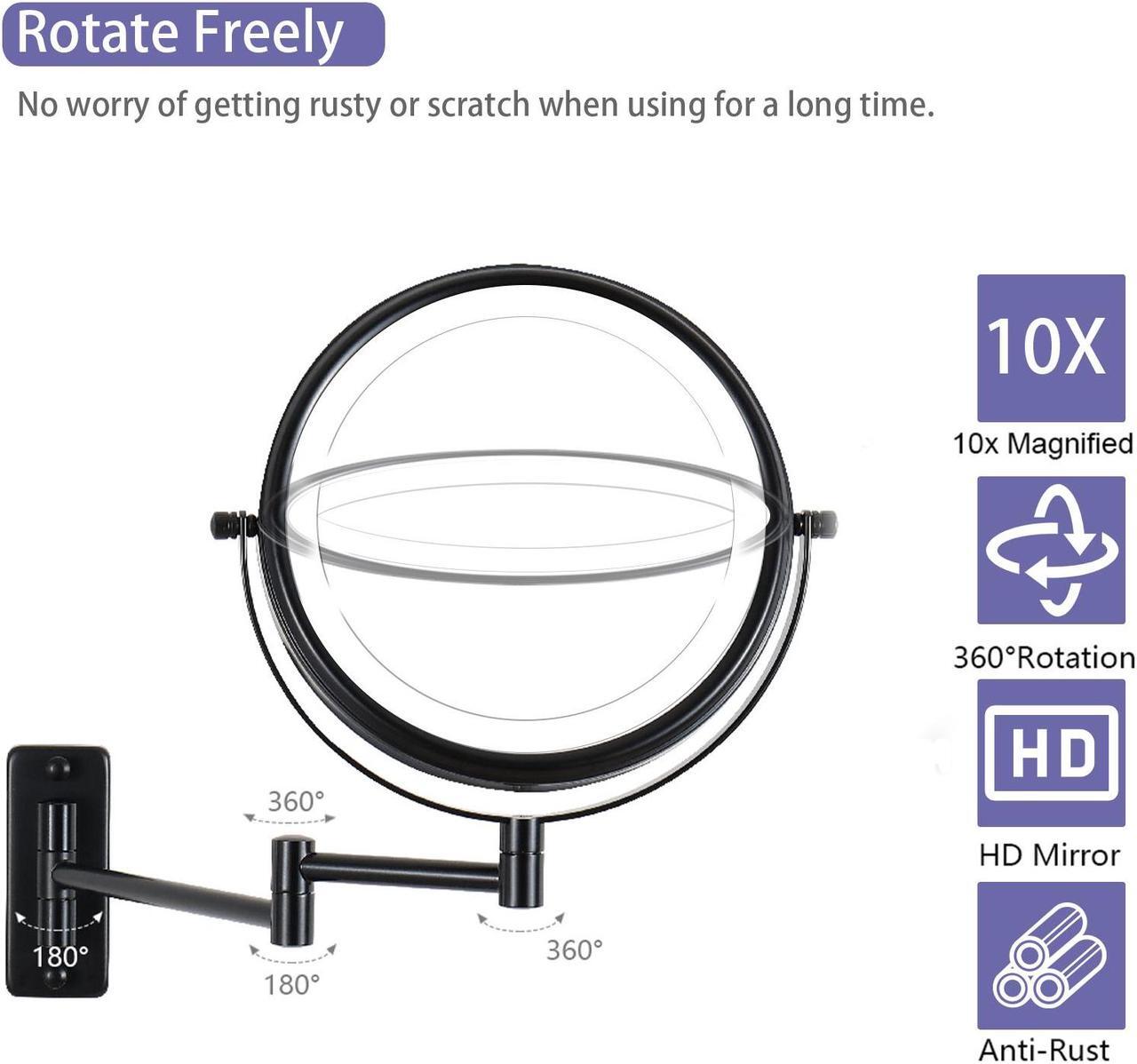 Alt view image 4 of 7 - Wall Mounted Makeup Mirror 10X LED Lighting Magnifying Mirror 3 Color Mode USB Port or Battery Charging Touch Adjustable Light and Dark and Timing, Double-Sided Vanity Mirror with Lights,Black