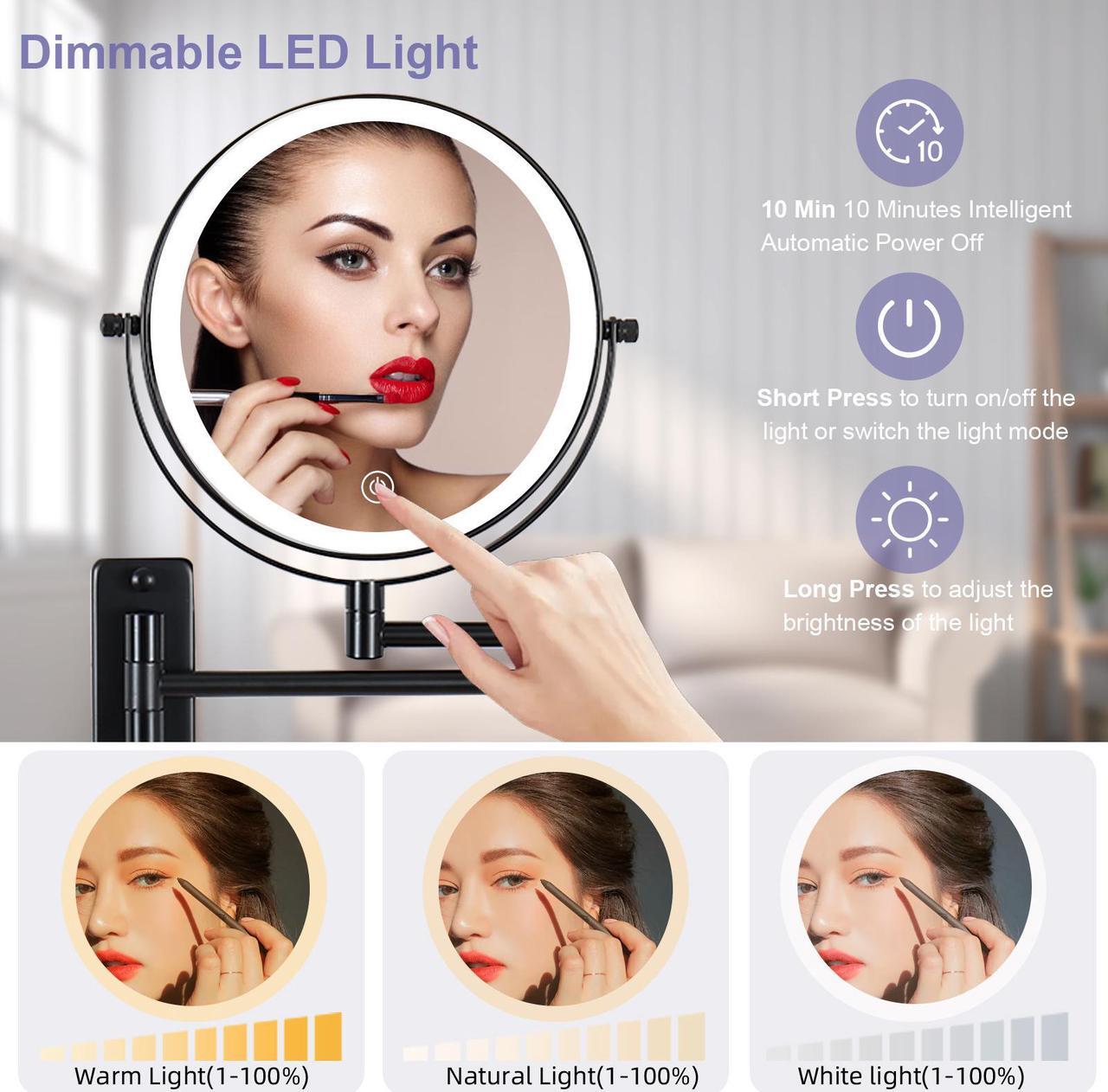 Main image of Wall Mounted Makeup Mirror 10X LED Lighting Magnifying Mirror 3 Color Mode USB Port or Battery Charging Touch Adjustable Light and Dark and Timing, Double-Sided Vanity Mirror with Lights,Black