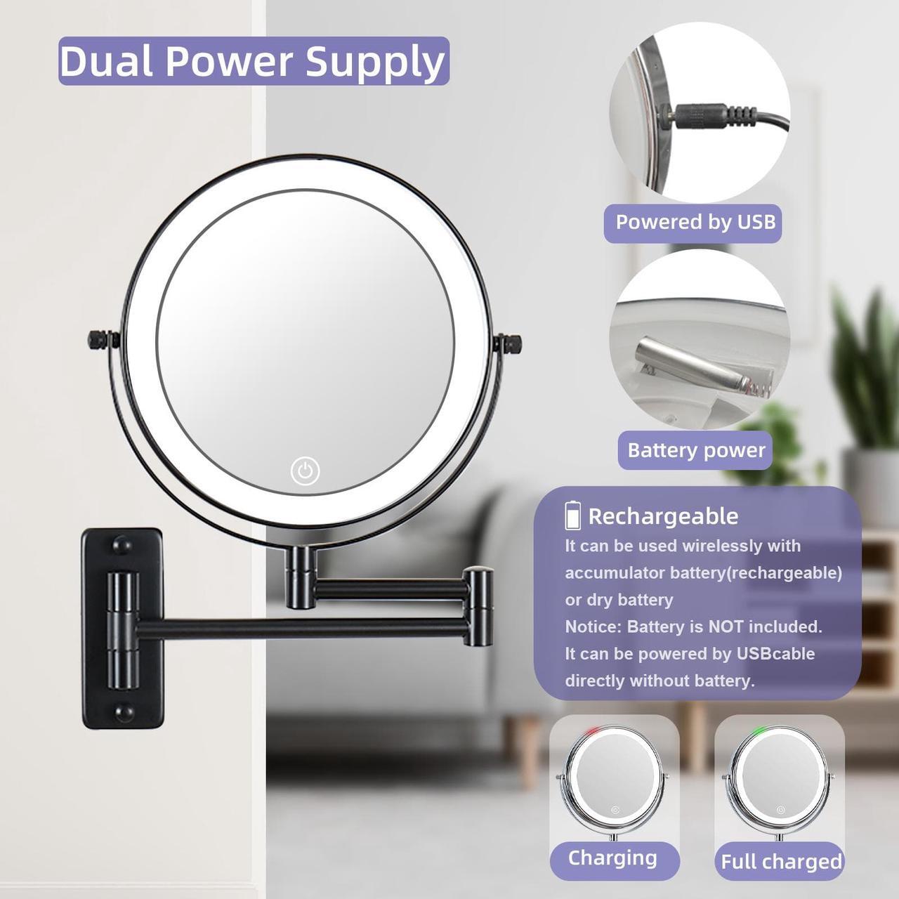 Alt view image 2 of 7 - Wall Mounted Makeup Mirror 10X LED Lighting Magnifying Mirror 3 Color Mode USB Port or Battery Charging Touch Adjustable Light and Dark and Timing, Double-Sided Vanity Mirror with Lights,Black