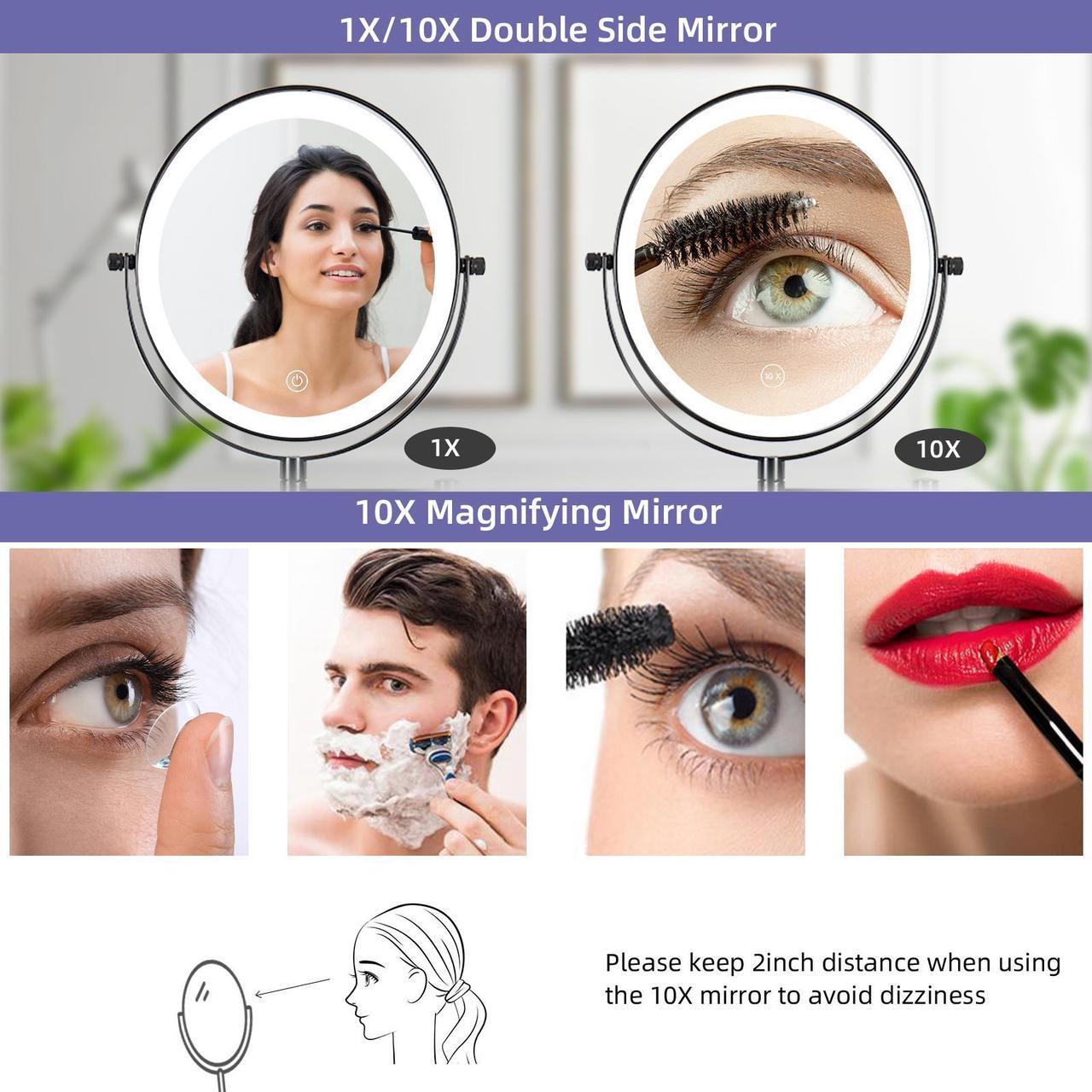 Alt view image 3 of 7 - Wall Mounted Makeup Mirror 10X LED Lighting Magnifying Mirror 3 Color Mode USB Port or Battery Charging Touch Adjustable Light and Dark and Timing, Double-Sided Vanity Mirror with Lights,Black