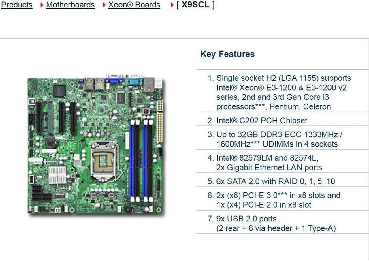 For X9SCL For -way Server UATX Motherboard LGA 1155 C202 E3-1200 v2 Series 2/3rd Gen i3 DDR3 PCI-E3.0