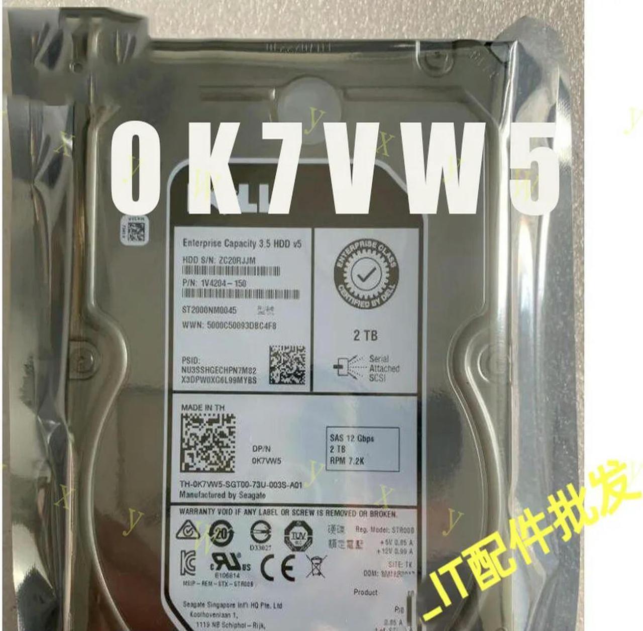 FOR For 0K7VW5 2TB HDD 7.2K RPM 12G 3.5 SAS Model: ST2000NM0045 DP/N: K7VW5