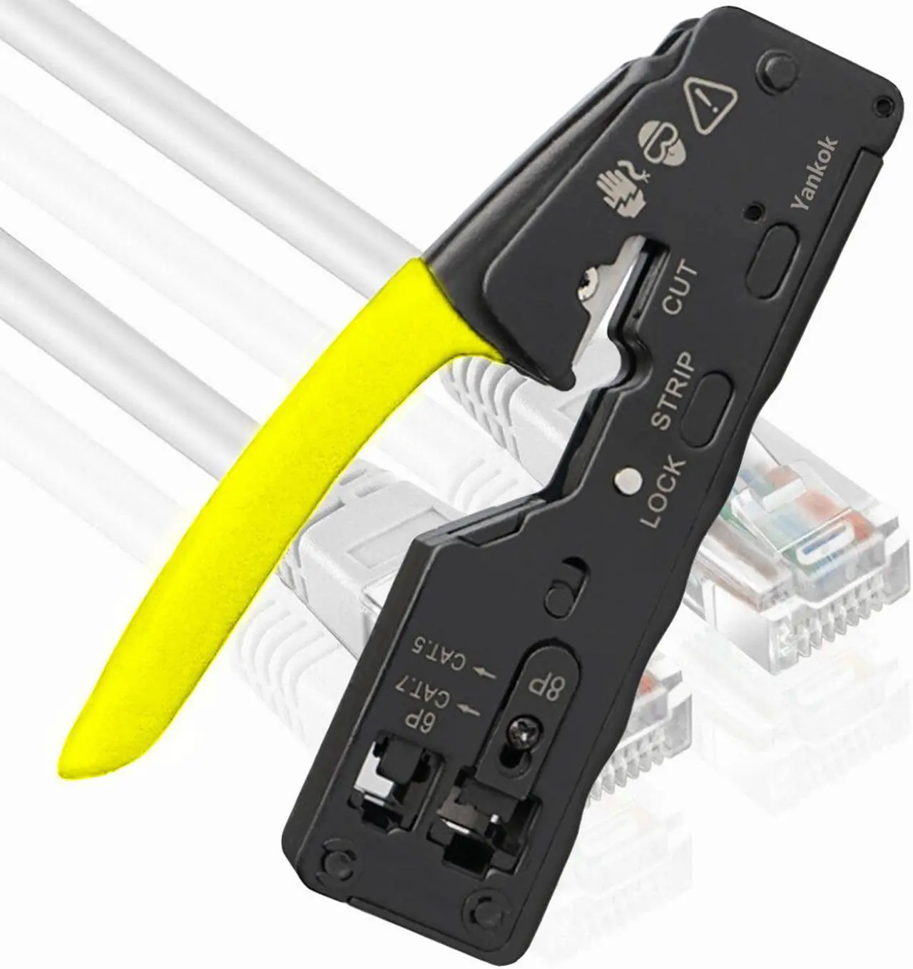 Alt view image 2 of 2 - Yankok [The Ultimate Pass Thru Crimper] Crimps RJ45 Pass Through RJ12 RJ11 Regular Network Connector and Strip Cut CAT5/5e CAT6/6a CAT7 Unshielded and Shielded Ethernet Cable Yellow Handle