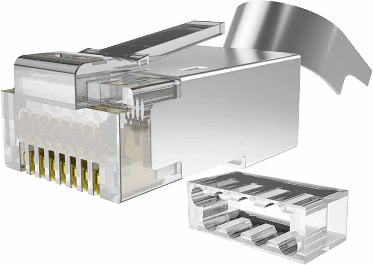 Alt view image 5 of 7 - Yankok [CAT7 Pass Through Connectors] 100 Pcs 3U Gold Plated with Boots Strain Relief Shielded RJ45 Plugs for CAT6a CAT7 Solid and Stranded Cables