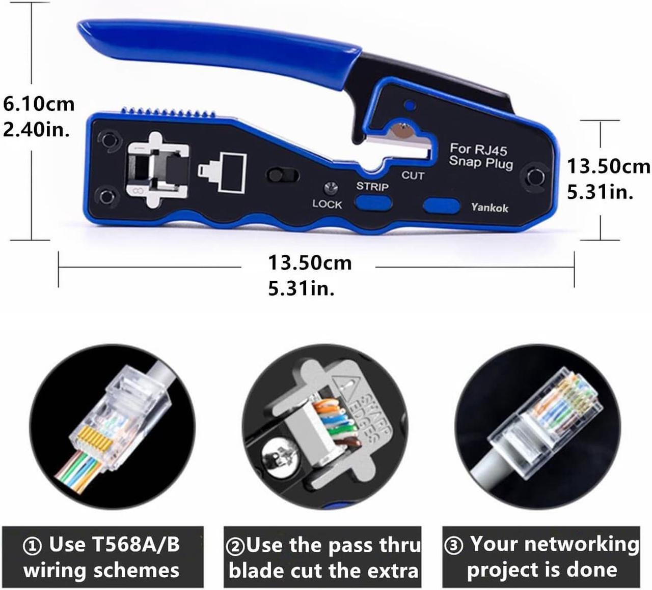 Alt view image 3 of 7 - Yankok [RJ45 Pass Through Crimper with Blade Set] Crimps CAT5/5e CAT6/6a CAT7 Shielded and Unshielded RJ45 (8P8C) Network Connectors for Ethernet Cables Blue Handle