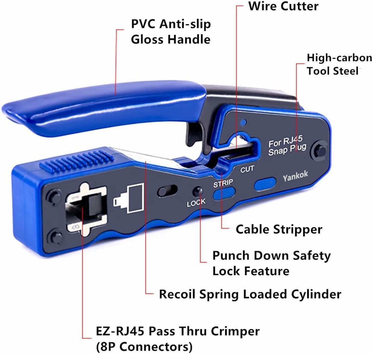 Alt view image 2 of 7 - Yankok [RJ45 Pass Through Crimper with Blade Set] Crimps CAT5/5e CAT6/6a CAT7 Shielded and Unshielded RJ45 (8P8C) Network Connectors for Ethernet Cables Blue Handle