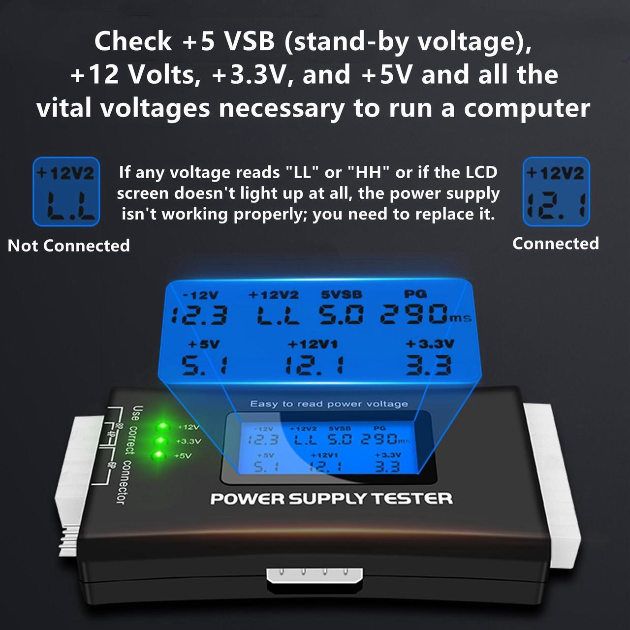 Alt view image 4 of 7 - Yankok [Digital Computer Power Supply Tester] for ATX ITX BTX PCI-E SATA HDD PSU 20/24 Pin LCD Display with Buzzer Alarm
