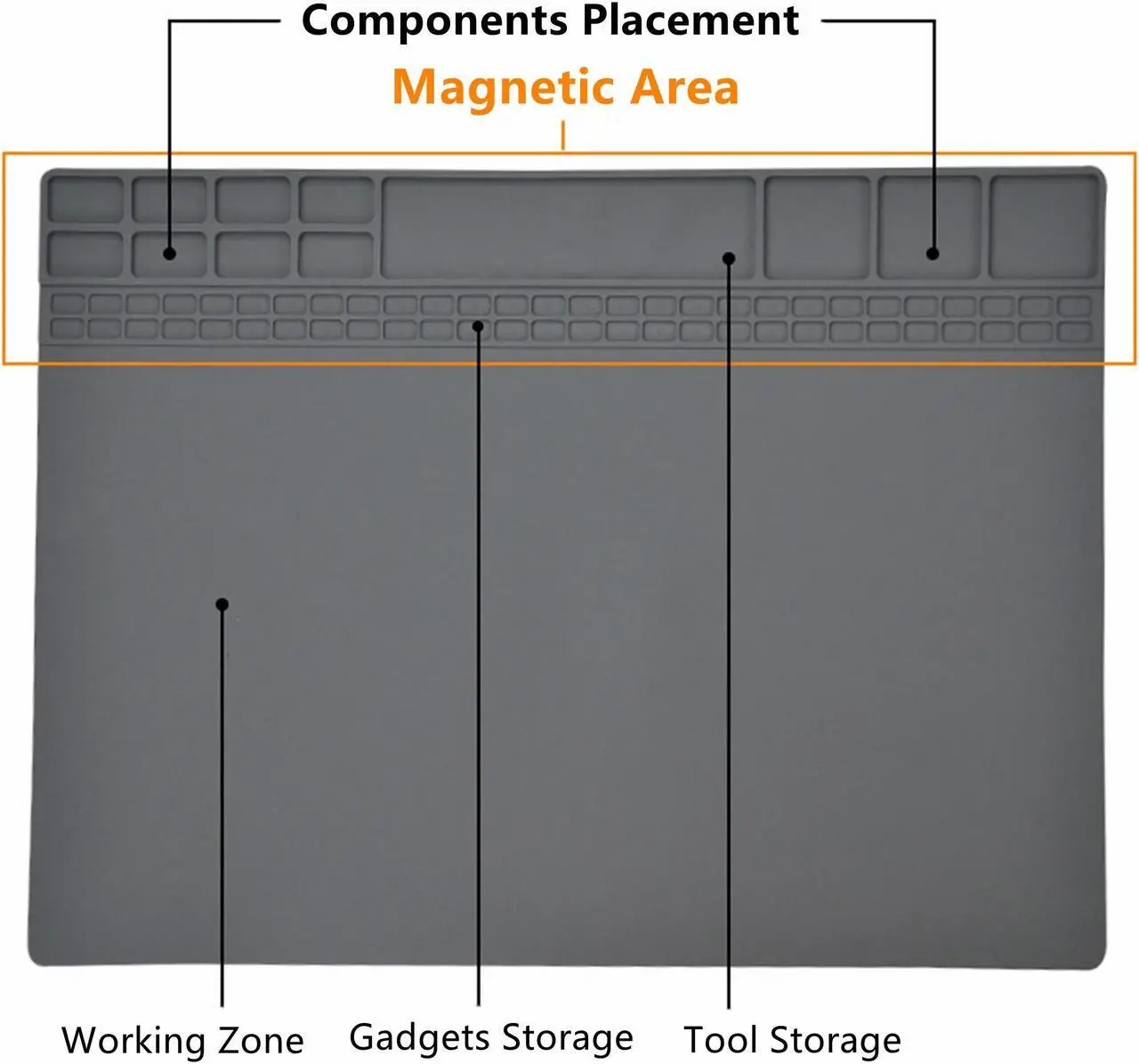Alt view image 3 of 6 - Yankok [Magnetic Anti-Static Mat Gray 15.8 x 11.8 in.] Table Desk ESD Grounding Mats Silicone Solder Pad Electronics Repair Platform with Screw Notches (40 x 30 cm, Heat Resistant, Magnetic Organizer)