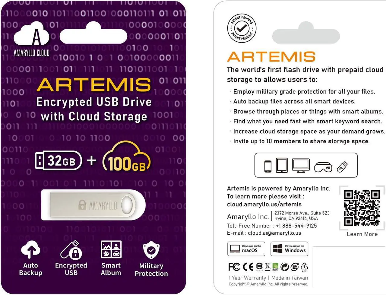 Main image of Amaryllo Artemis 2-in-1 100GB Cloud Storage + 32GB USB 2.0 Flash Drive with Auto Backup (USB Stick, Thumb Drive, Memory Stick)