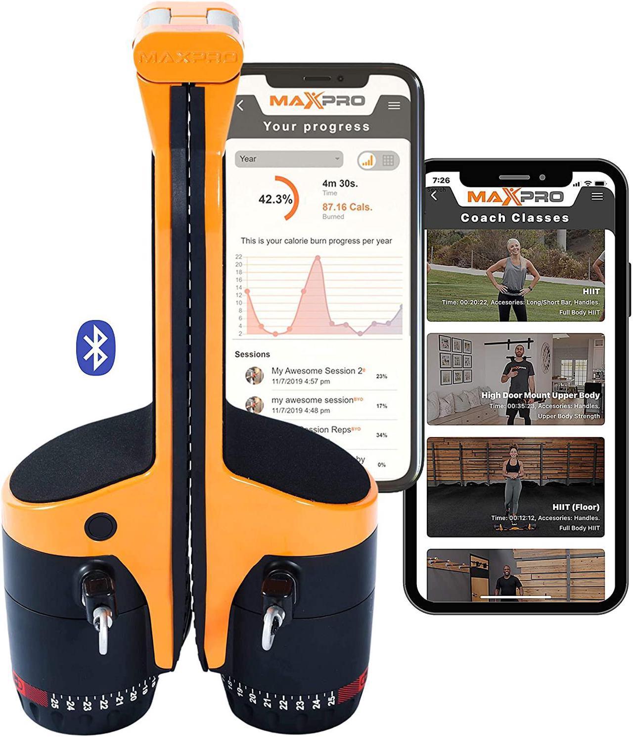 MAXPRO Fitness Smart Home Gym - Versatile Portable Cable Machine Smart Connect Bluetooth | Build, Burn & Tone | Strength, HIIT, Plyo (Powerful Workout w/ 5-300lbs Concentric Resistance), Sport Orange