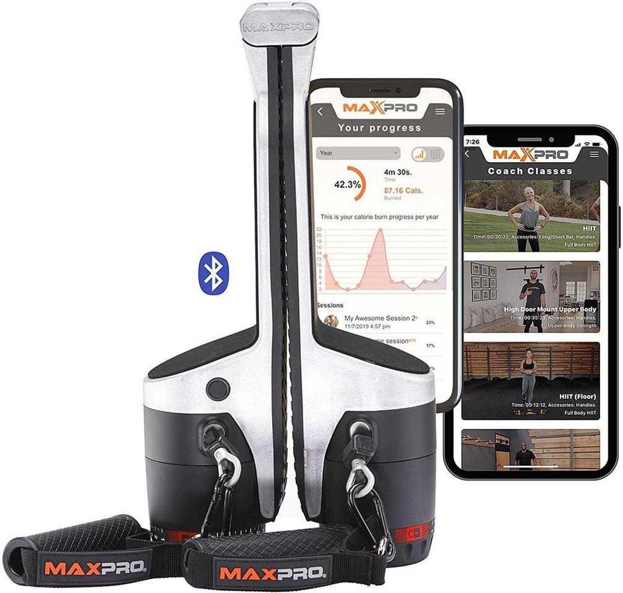 MAXPRO Fitness Smart Home Gym - Versatile Portable Cable Machine Smart Connect Bluetooth | Build, Burn & Tone | Strength, HIIT, Plyo (Powerful Workout w/ 5-300lbs Concentric Resistance), Raw Metal