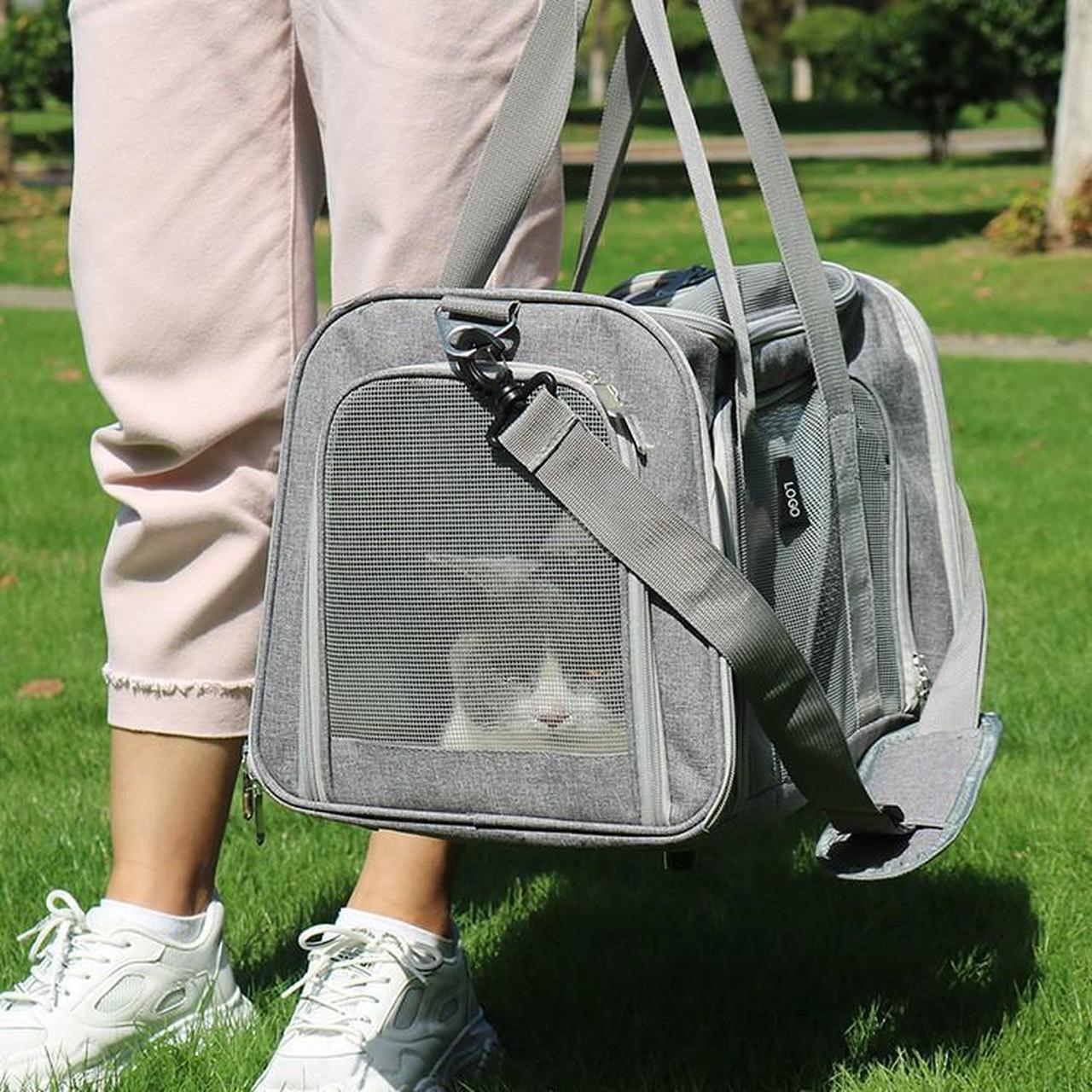 Alt view image 2 of 7 - Most Airline Approved Cat Carriers Dog Carriers Soft-Sided Pet Travel Carrier for Puppies/Kittens/Rabbits, 5-Sided Breathable Mesh, Self-Locking Zippers, 17''X11''X11'' Gray