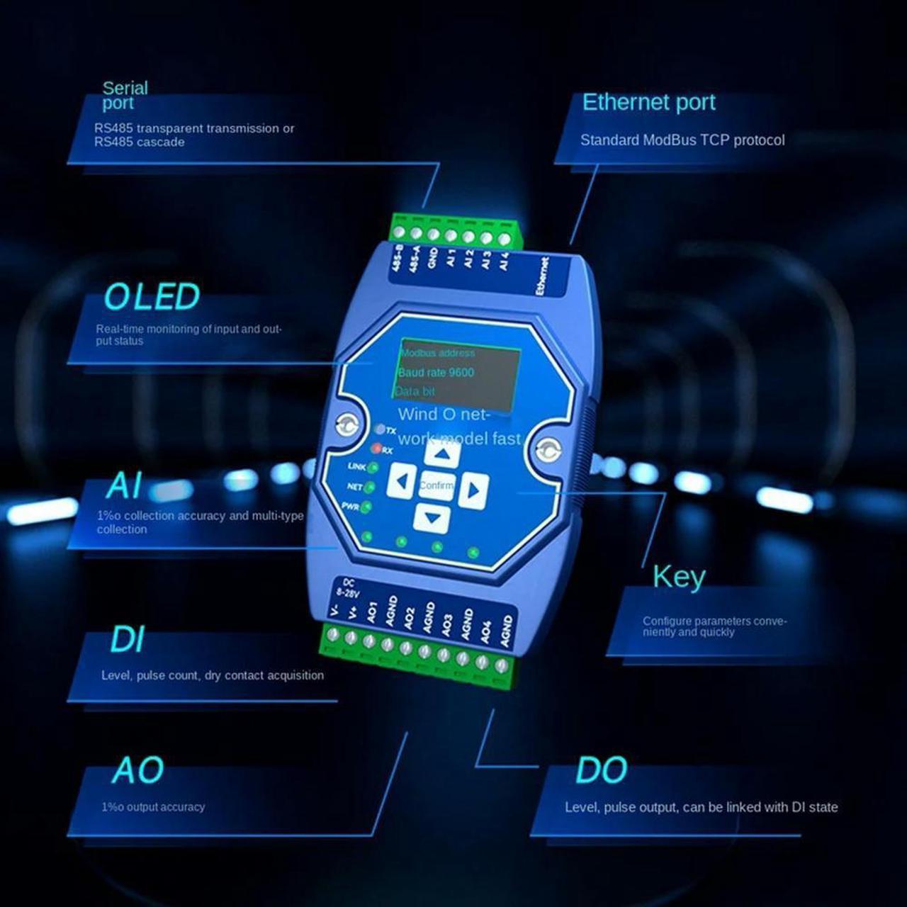 FOR 4 Way Remote Acquisition Control TCP I/P Networking Module 4AI+4AO 0-20MA RJ45 RS485 Gateway OLED Display