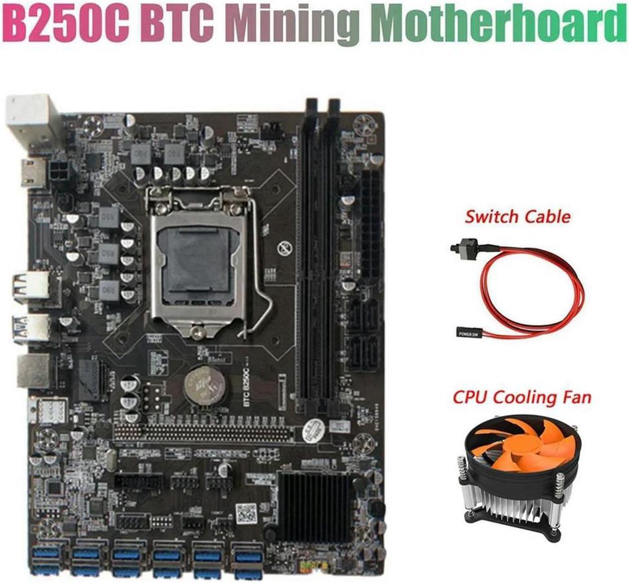 FOR BTC B250C Mining Motherboard With Cooling Fan+Switch Cable 12 PCIE To USB3.0 Graphics Card Slot LGA1151 Supports DDR4