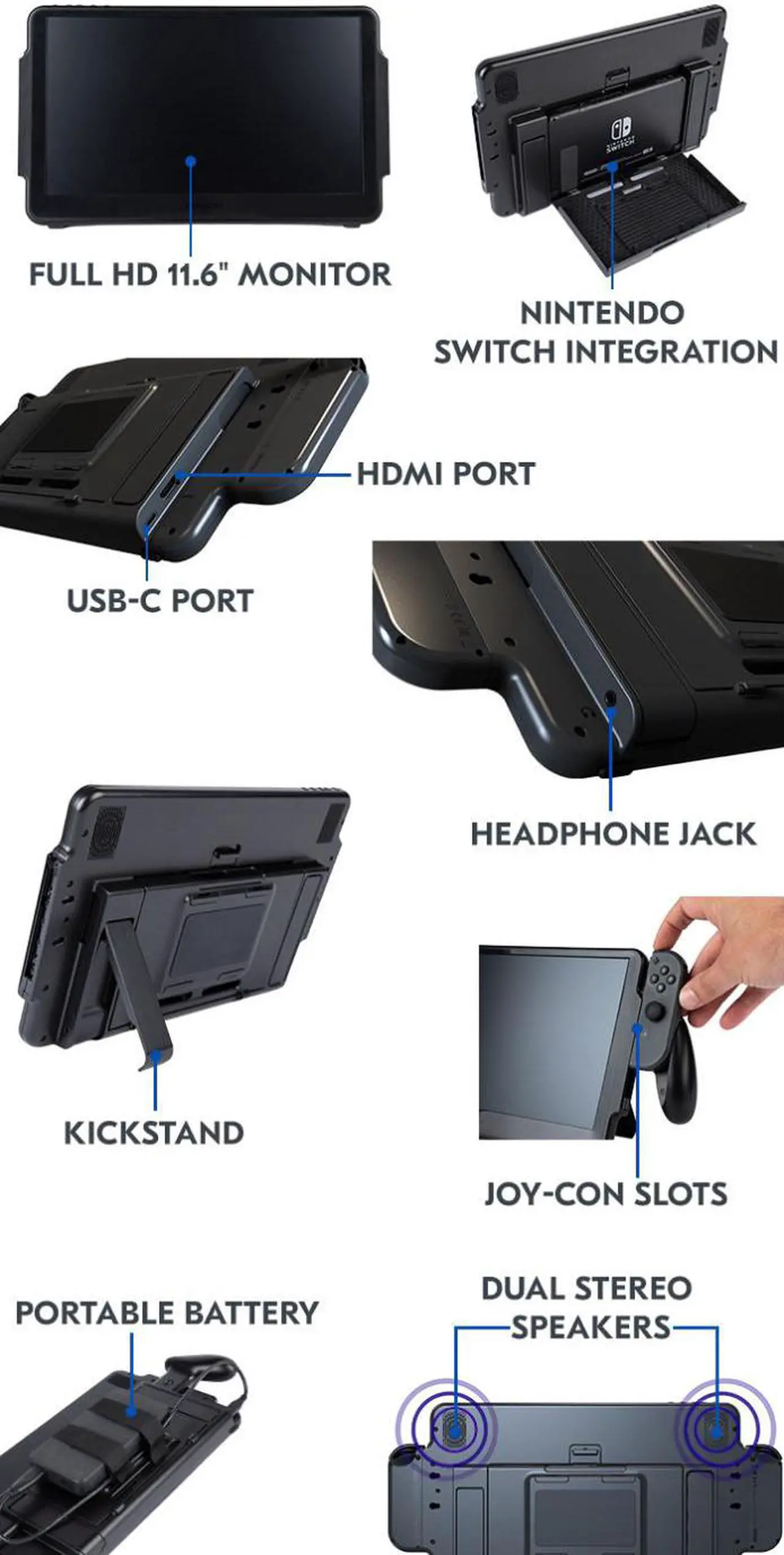 Alt view image 3 of 7 - Orion by Up-Switch fully integrated Nintendo Switch Portable HD 11.6 inch IPS Monitor, with USB Type-C and HDMI In for PS5, XBOX, Laptop, SmartPhone, Built in Speakers
