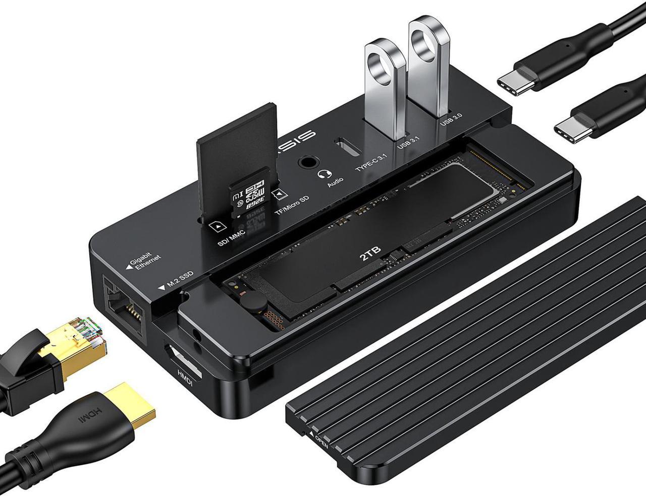 ACASIS 10-in-1 USB-C Hub with M.2 NVMe/SATA SSD Enclosure, 4K60Hz HDMI, SD/TF Card Reader, 100W PD, Compatible with Laptop, iPad, CM073