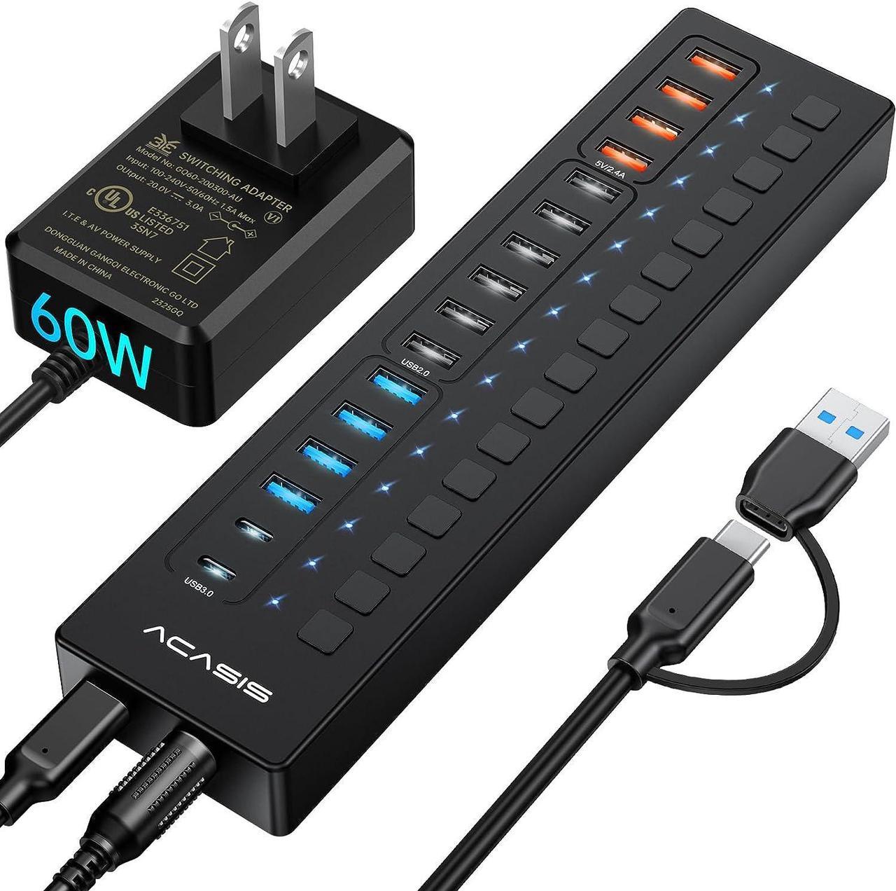 Powered USB Hub, ACASIS 16 Port 60W USB Hub 3.0 with 4*USB A Smart Charging, 2*USB C 3.0, 10*USB A, Wall Mountable USB Hub, Individual On/Off Switches, 12V/5A DC Power Adapter for Laptops, PC,DS516