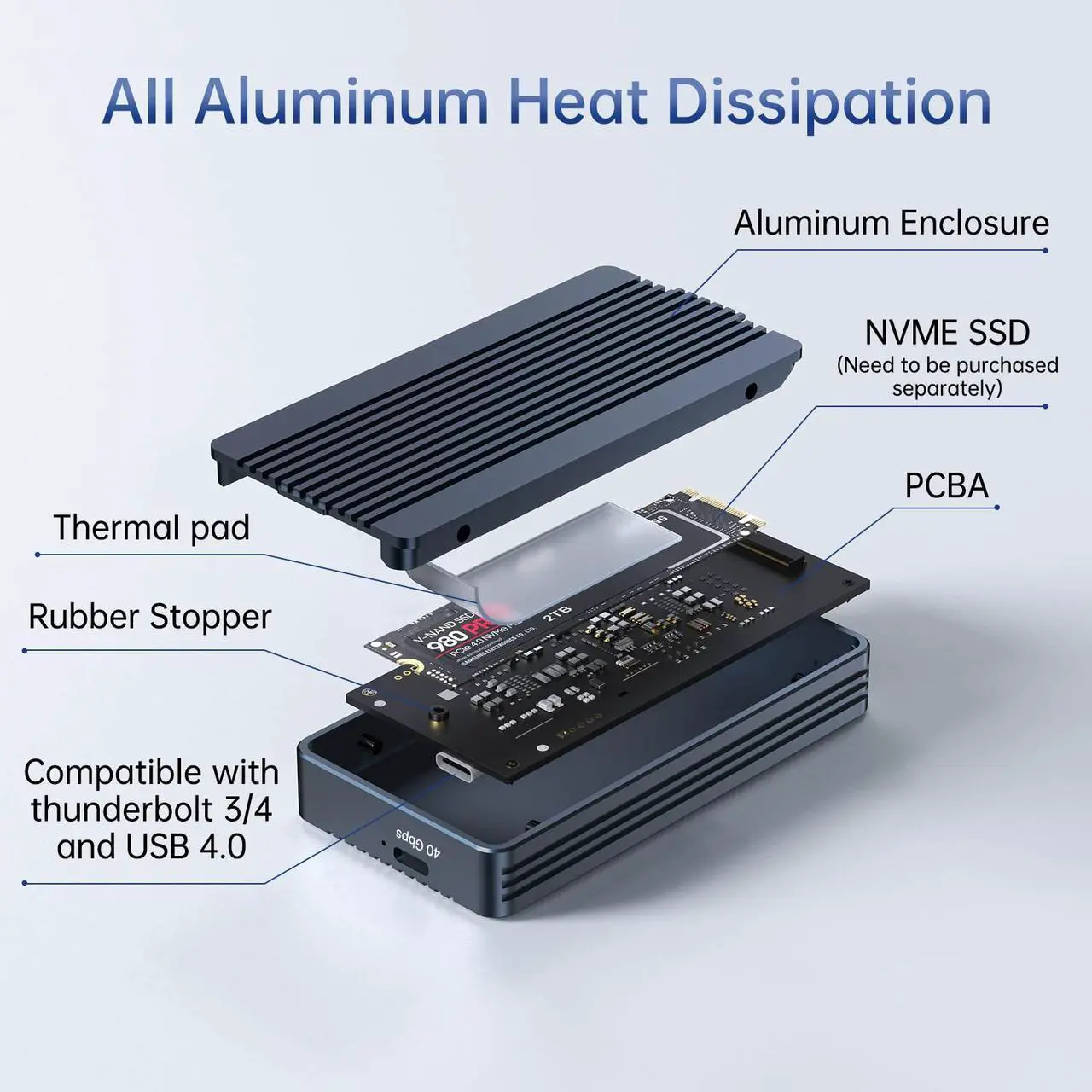 Alt view image 5 of 7 - Acasis Thunderbolt 3 NVME M.2 SSD Enclosure, Lightweight Aluminum, 8TB Capacity, Plug & Play for Laptops,TBU405Air,TBU405Air