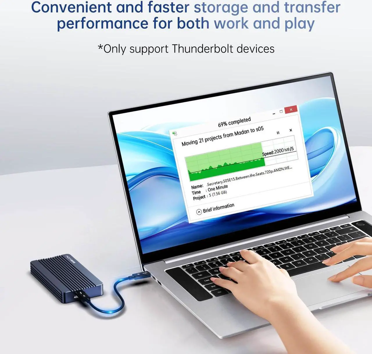 Alt view image 6 of 7 - Acasis Thunderbolt 3 NVME M.2 SSD Enclosure, Lightweight Aluminum, 8TB Capacity, Plug & Play for Laptops,TBU405Air,TBU405Air