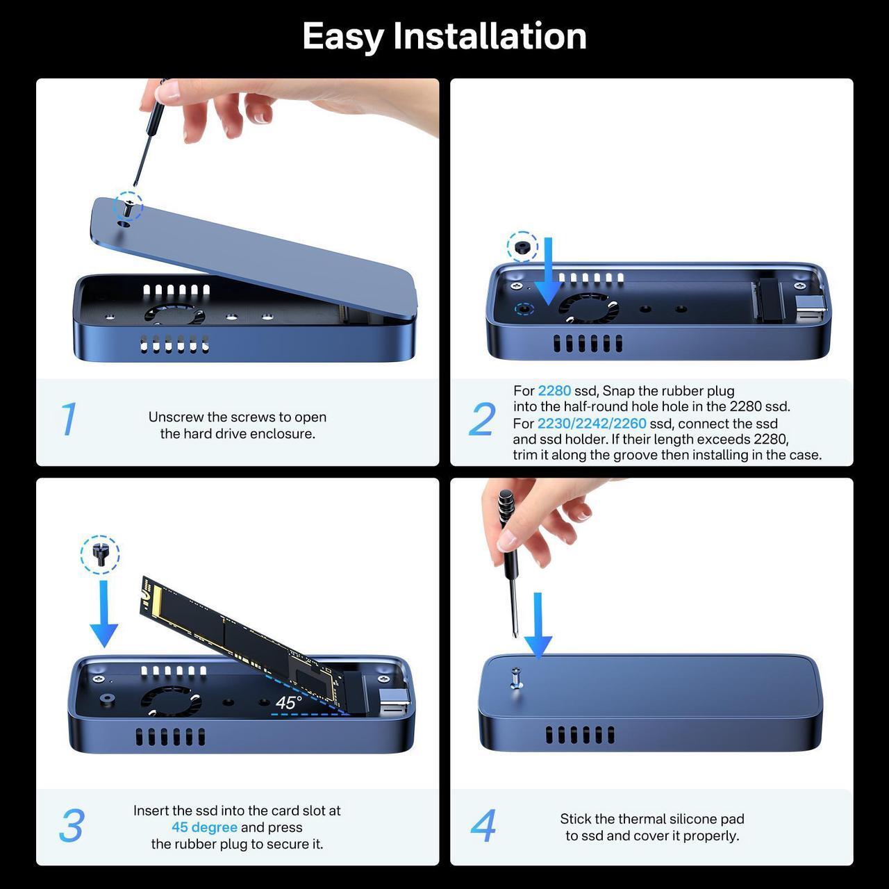 Alt view image 2 of 7 - ACASIS New-Clear 10Gbps Built In Fan USB 3.1 M.2 NVME SSD Case USB 3.1 Gen 2 USB Adapter/Reader Supports M and B&M Keys and Size 2230/2242 /2260/2280 SSDs