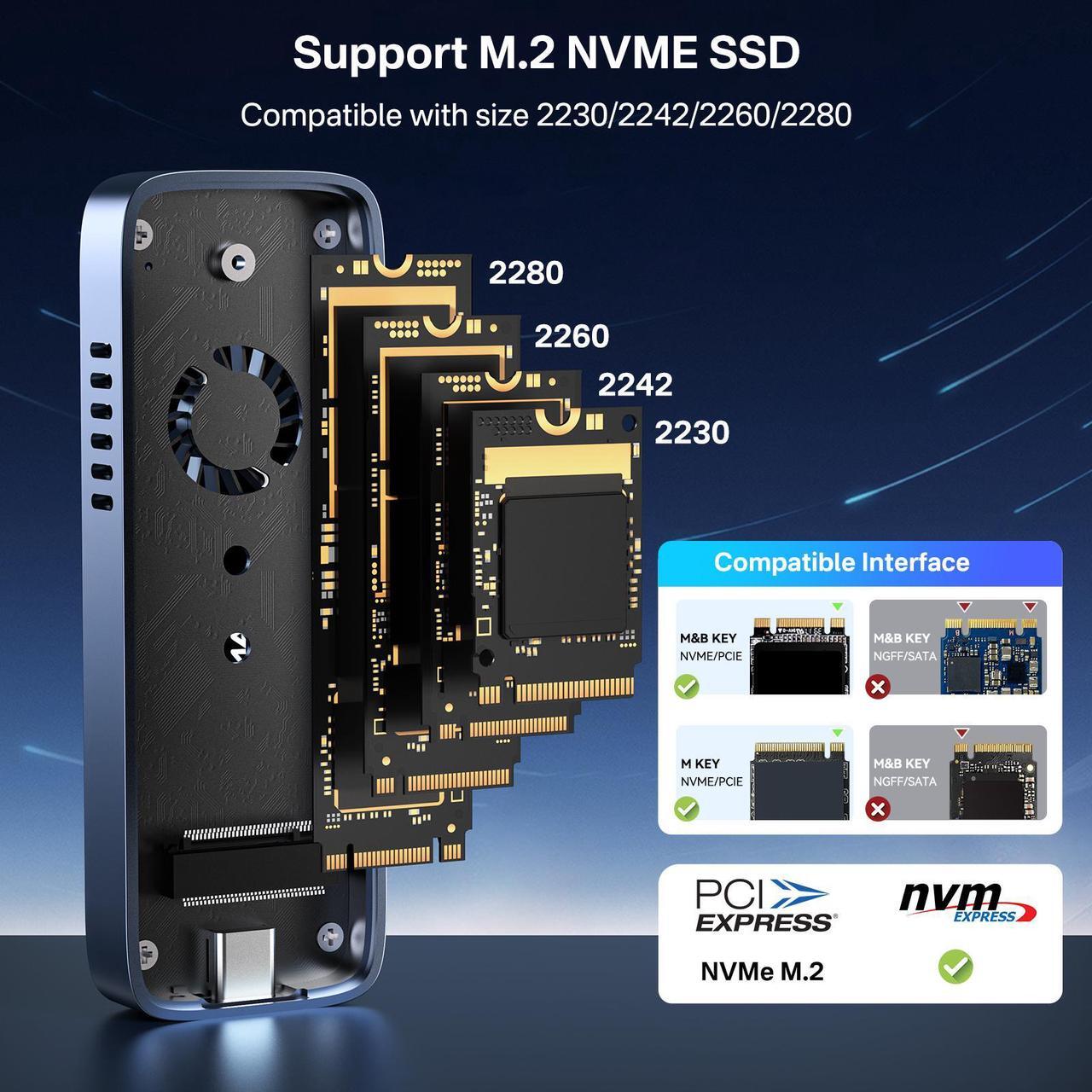 Alt view image 3 of 7 - ACASIS New-Clear 10Gbps Built In Fan USB 3.1 M.2 NVME SSD Case USB 3.1 Gen 2 USB Adapter/Reader Supports M and B&M Keys and Size 2230/2242 /2260/2280 SSDs