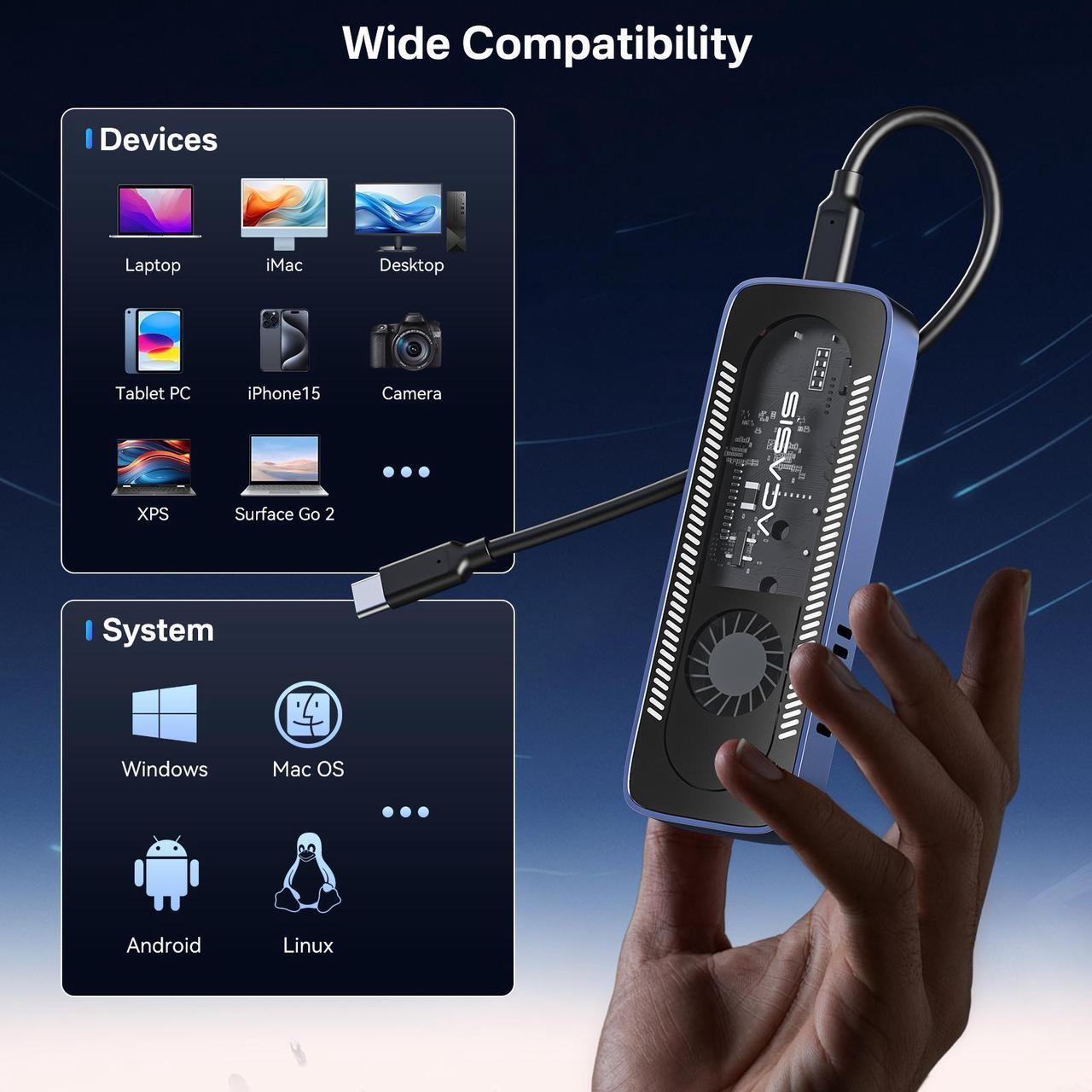 Alt view image 4 of 7 - ACASIS New-Clear 10Gbps Built In Fan USB 3.1 M.2 NVME SSD Case USB 3.1 Gen 2 USB Adapter/Reader Supports M and B&M Keys and Size 2230/2242 /2260/2280 SSDs