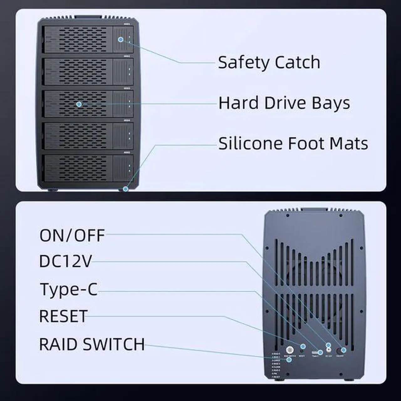 Alt view image 7 of 7 - Acasis 5 Bay External Array 2.5/3.5 Inch USB to SATA HDD RAID Case