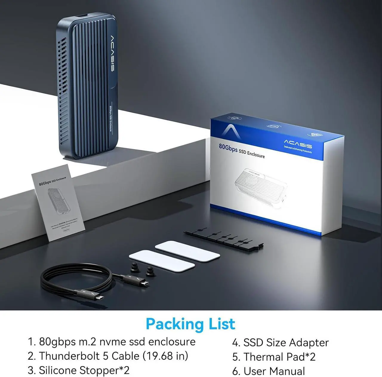 Alt view image 7 of 7 - ACASIS 80Gbps M.2 NVMe SSD Enclosure, with Cooling Fan, Compatible with Thunderbolt5/USB4 V2.0, Back Compatible with Thunderbolt4/3/USB4 V1.0, USB3.2/3.1/3.0, Support SSD B+M M-Key (TB501 Pro)