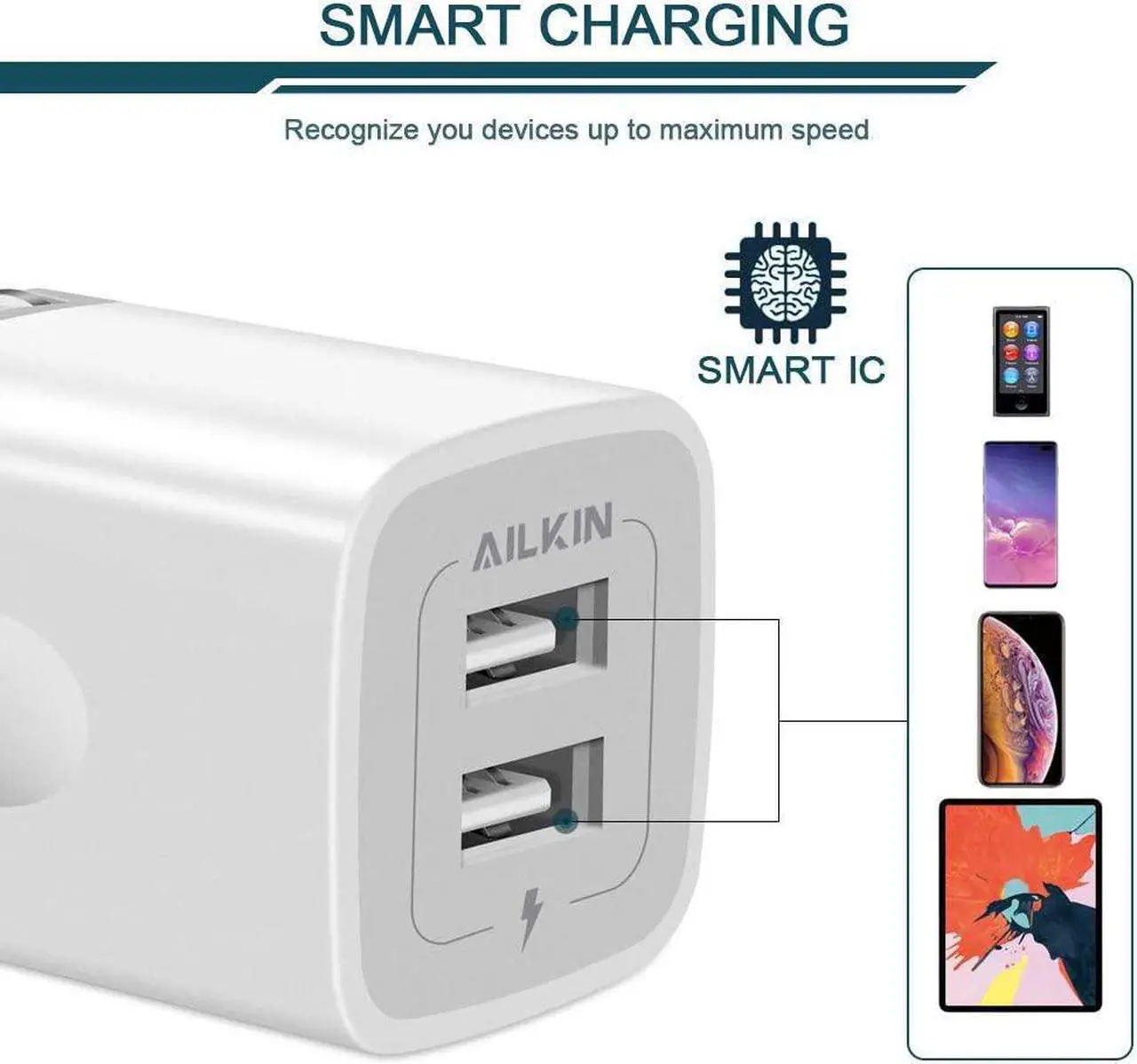Alt view image 4 of 6 - 3Pack Fast Charging Cubes, Foldable Dual Port Charger Block, AILKIN Fast USB Plug Power Adapter Fold up Box Base Brick for iPhone XR/XS Max/X iPad Samsung Galaxy Tablet Kindle Fire LG Pixel Xbox Blu