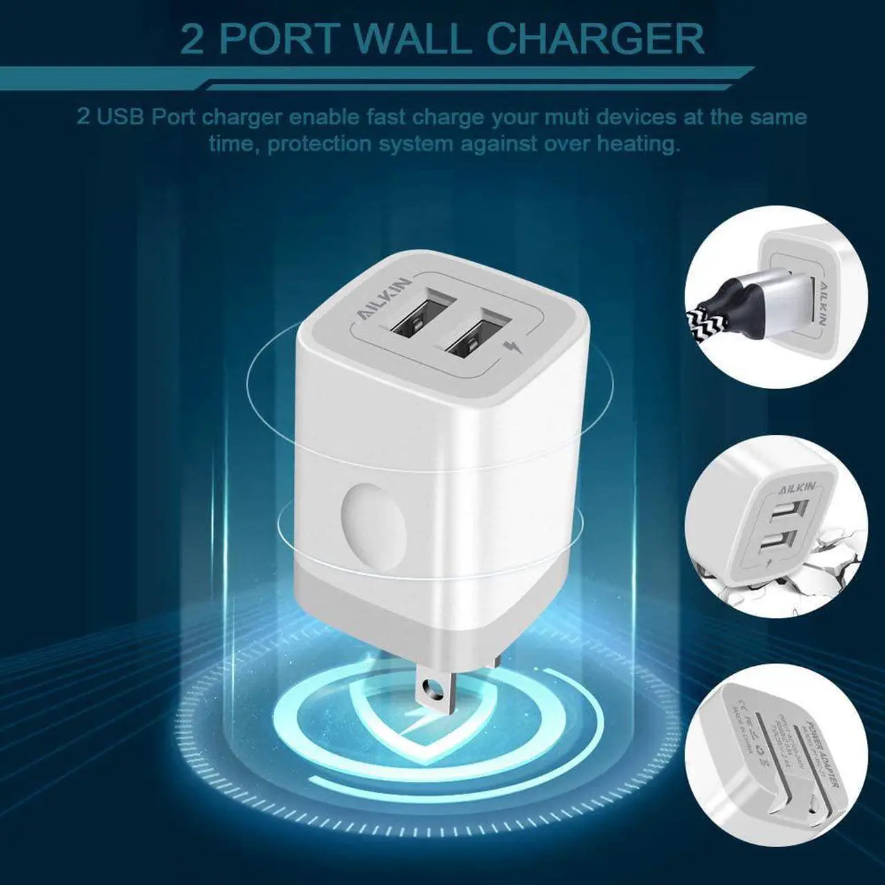 Alt view image 3 of 6 - 3Pack Fast Charging Cubes, Foldable Dual Port Charger Block, AILKIN Fast USB Plug Power Adapter Fold up Box Base Brick for iPhone XR/XS Max/X iPad Samsung Galaxy Tablet Kindle Fire LG Pixel Xbox Blu