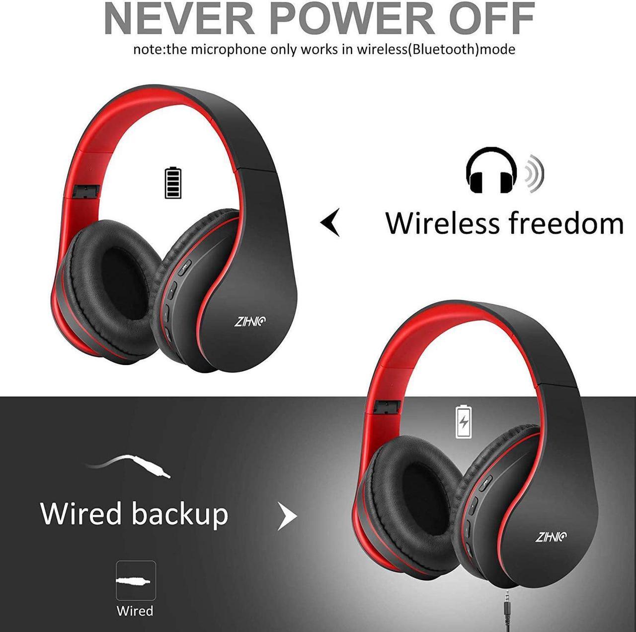 Alt view image 2 of 6 - ZIHNIC Bluetooth Headphones Over-Ear, Foldable Wireless and Wired Stereo Headset Micro SD/TF, FM for Cell Phone,PC,Soft Earmuffs &Light Weight for Prolonged Wearing (Black/red)